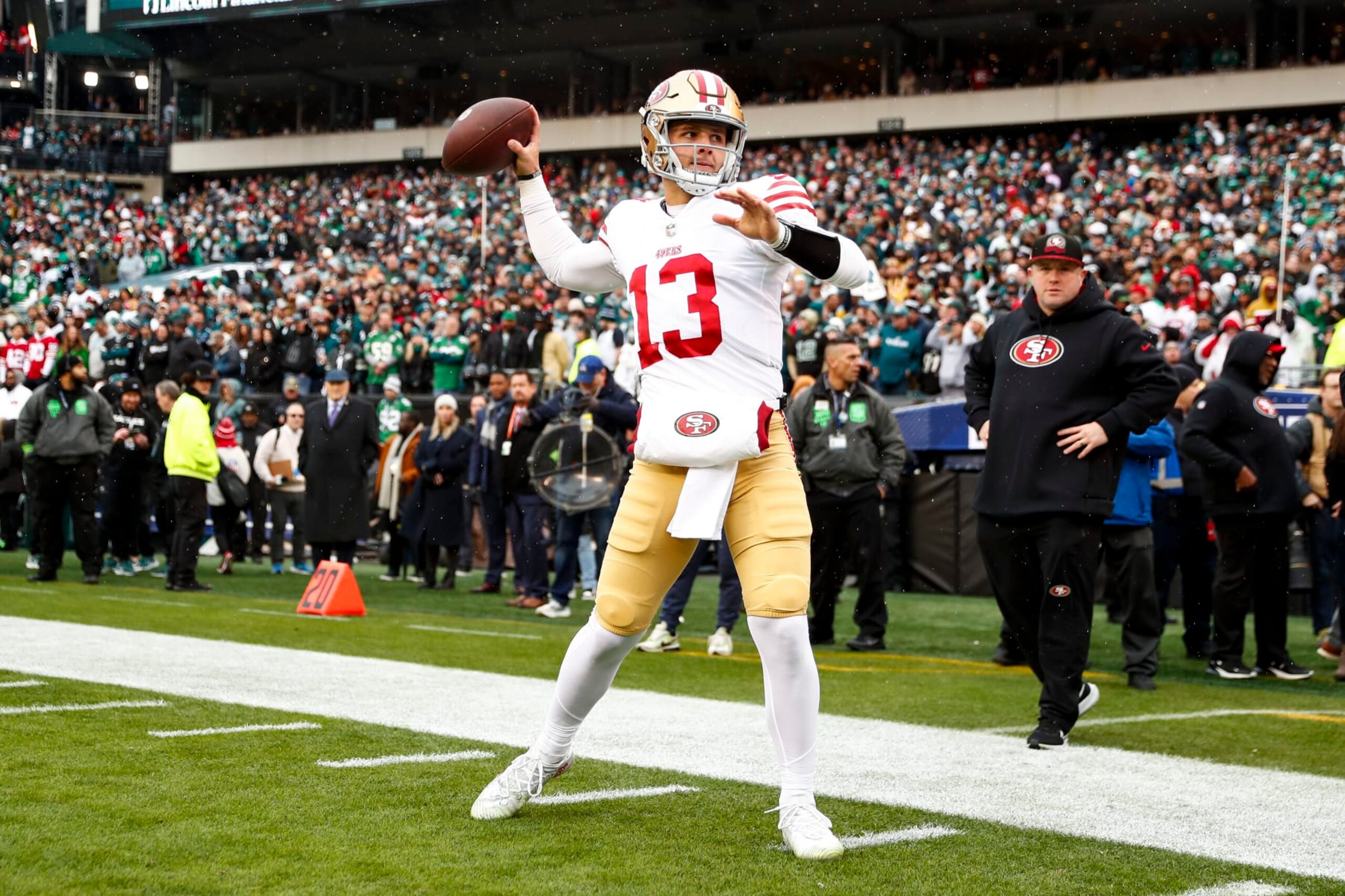 PHILADELPHIA, PA - JANUARY 29: Brock Purdy #13 of the San Francisco 49ers warms up prior to the NFC Championship NFL football game against the Philadelphia Eagles at Lincoln Financial Field on January 29, 2023 in Philadelphia, Pennsylvania. (Photo by Kevin Sabitus/Getty Images)