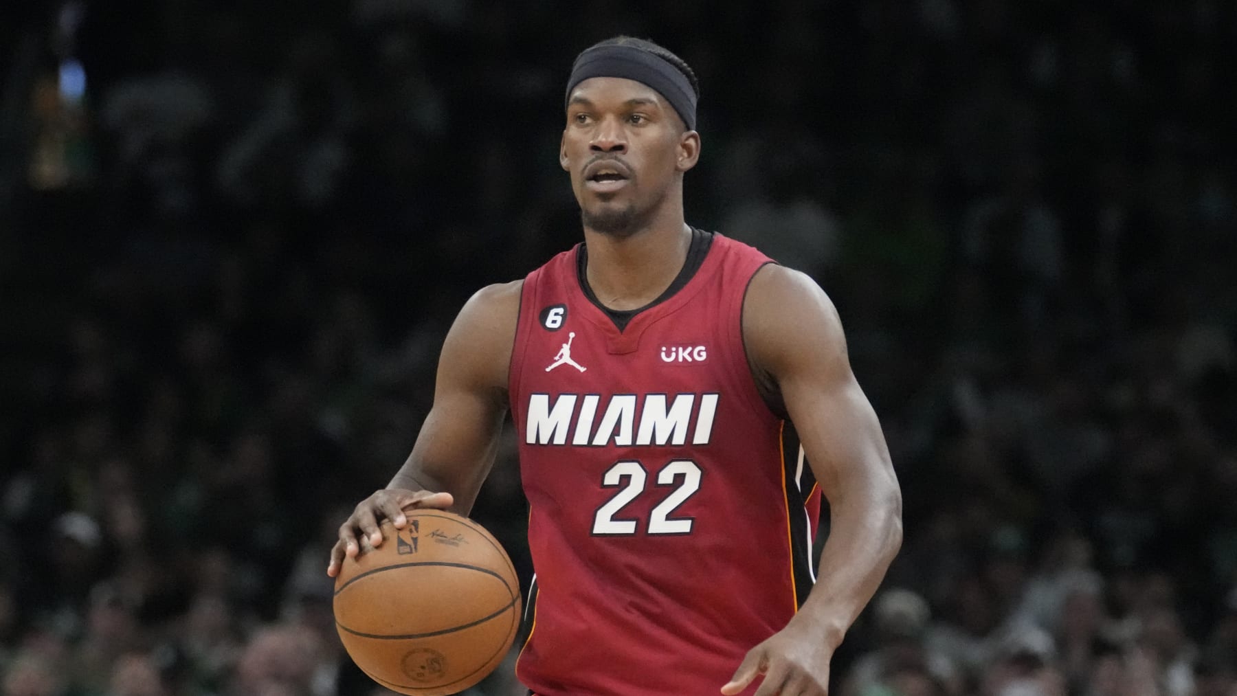 Miami Heat forward Jimmy Butler (22) during Game 2 of the NBA basketball Eastern Conference Finals series, Friday, May 19, 2023, in Boston. (AP Photo/Charles Krupa)