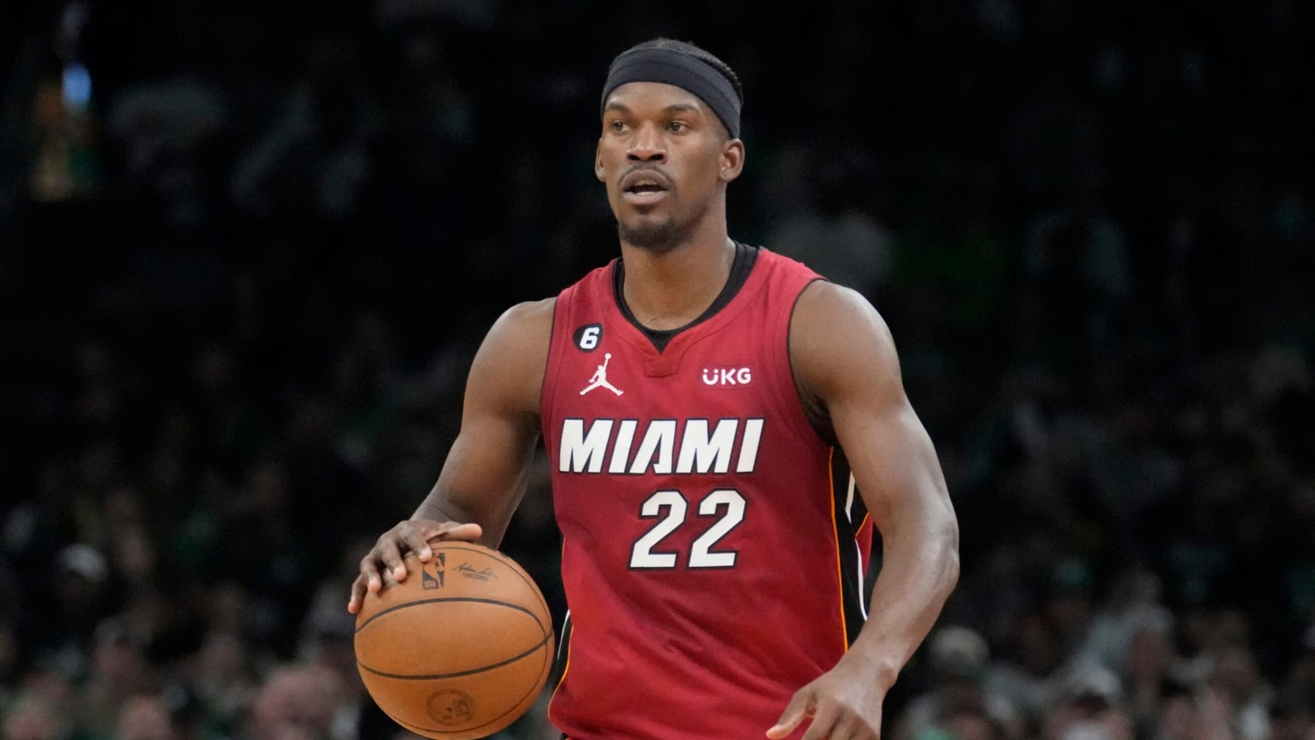 Miami Heat forward Jimmy Butler (22) during Game 2 of the NBA basketball Eastern Conference Finals series, Friday, May 19, 2023, in Boston. (AP Photo/Charles Krupa)