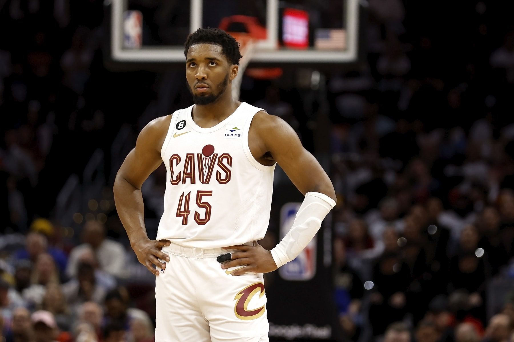 CLEVELAND, OH - APRIL 26:  Donovan Mitchell #45 of the Cleveland Cavaliers stands on the court during Game Five of the Eastern Conference First Round Playoffs against the New York Knicks at Rocket Mortgage Fieldhouse on April 26, 2023 in Cleveland, Ohio. New York defeated Cleveland 106-95 to win the series 4-1. NOTE TO USER: User expressly acknowledges and agrees that, by downloading and or using this photograph, User is consenting to the terms and conditions of the Getty Images License Agreement. (Photo by Kirk Irwin/Getty Images)