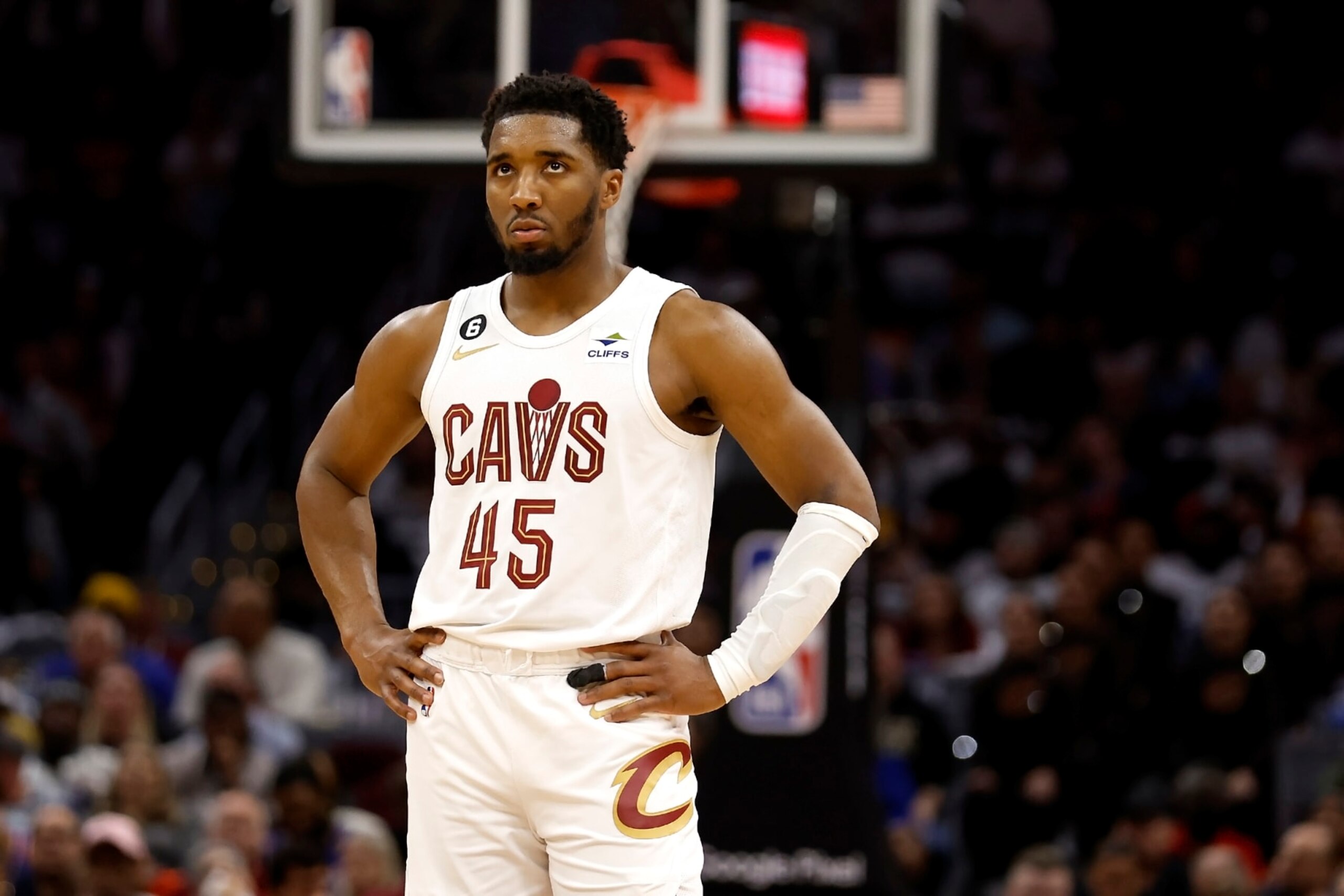CLEVELAND, OH - APRIL 26:  Donovan Mitchell #45 of the Cleveland Cavaliers stands on the court during Game Five of the Eastern Conference First Round Playoffs against the New York Knicks at Rocket Mortgage Fieldhouse on April 26, 2023 in Cleveland, Ohio. New York defeated Cleveland 106-95 to win the series 4-1. NOTE TO USER: User expressly acknowledges and agrees that, by downloading and or using this photograph, User is consenting to the terms and conditions of the Getty Images License Agreement. (Photo by Kirk Irwin/Getty Images)