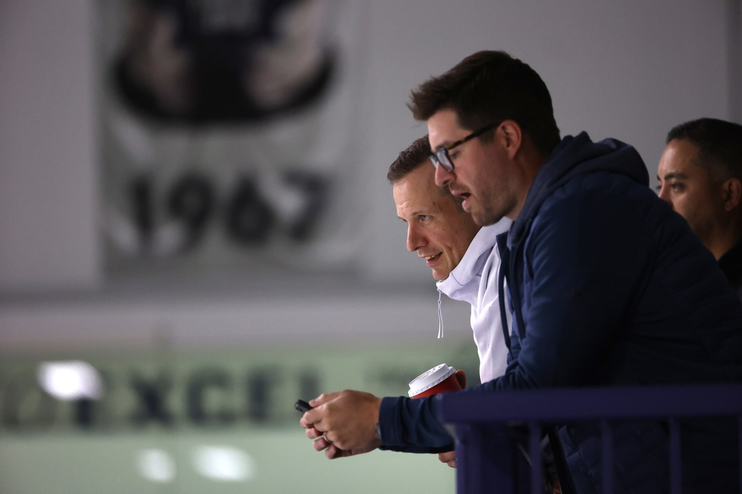 TORONTO, ON - SEPTEMBER 23 - Jason Spezza, now special assistant to the GM and Kyle Dubas assess talent as the The Toronto Maple Leafs open their training camp for the 2022-23 season at Ford Performance Centre in Toronto. September 23, 2022. (Steve Russell/Toronto Star via Getty Images) TORONTO, ON - SEPTEMBER 23 - Jason Spezza, now special assistant to the GM and Kyle Dubas assess talent as the The Toronto Maple Leafs open their training camp for the 2022-23 season at Ford Performance Centre in Toronto. September 23, 2022. (Steve Russell/Toronto Star via Getty Images)