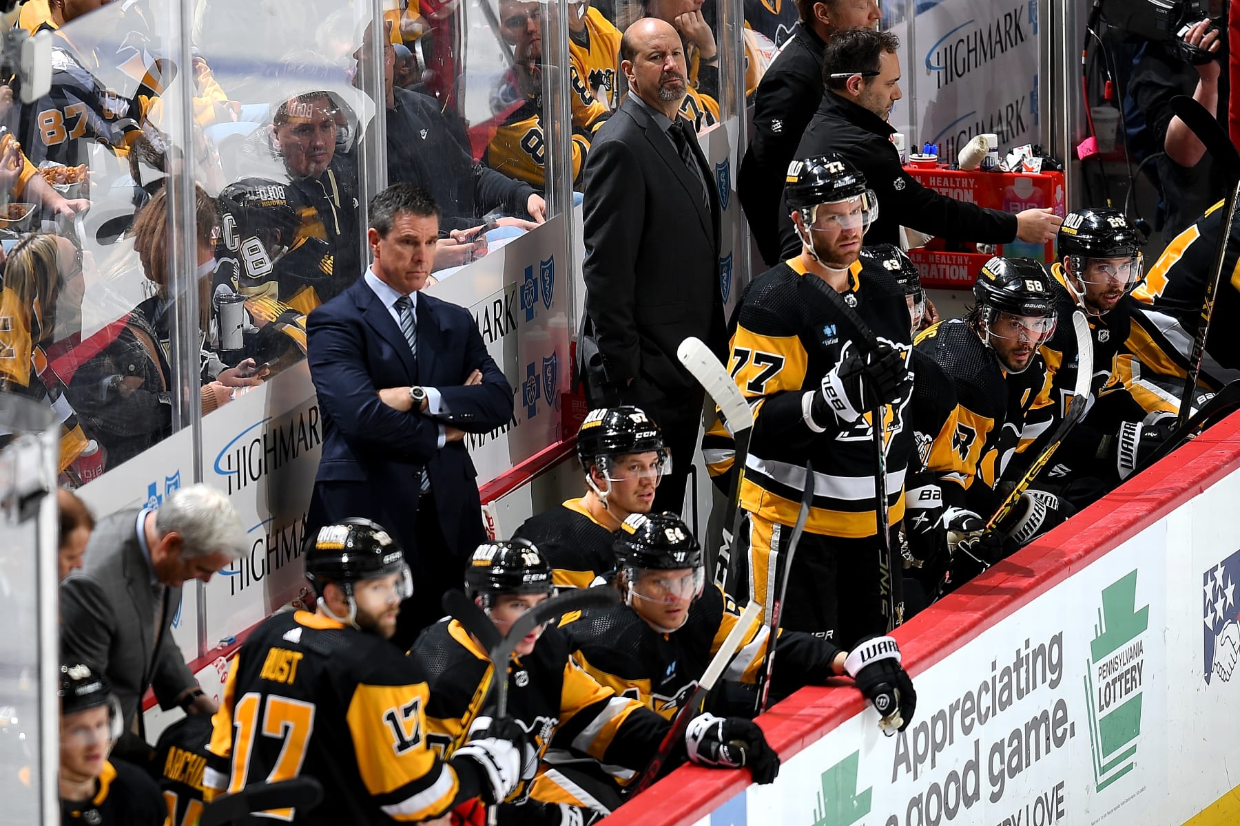 PITTSBURGH, PA - MARCH 12:  Mike Sullivan of the Pittsburgh Penguins looks on against the New York Rangers at PPG PAINTS Arena on March 12, 2023 in Pittsburgh, Pennsylvania. (Photo by Joe Sargent/NHLI via Getty Images)