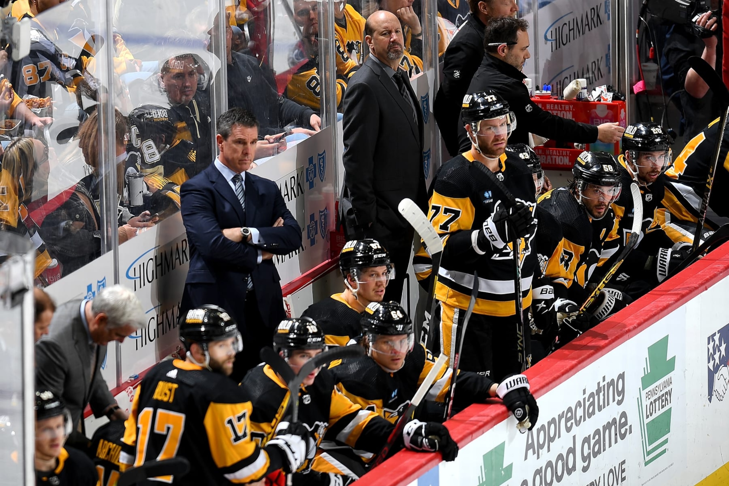 PITTSBURGH, PA - MARCH 12: Mike Sullivan of the Pittsburgh Penguins looks on against the New York Rangers at PPG PAINTS Arena on March 12, 2023 in Pittsburgh, Pennsylvania. (Photo by Joe Sargent/NHLI via Getty Images) PITTSBURGH, PA - MARCH 12: Mike Sullivan of the Pittsburgh Penguins looks on against the New York Rangers at PPG PAINTS Arena on March 12, 2023 in Pittsburgh, Pennsylvania. (Photo by Joe Sargent/NHLI via Getty Images)