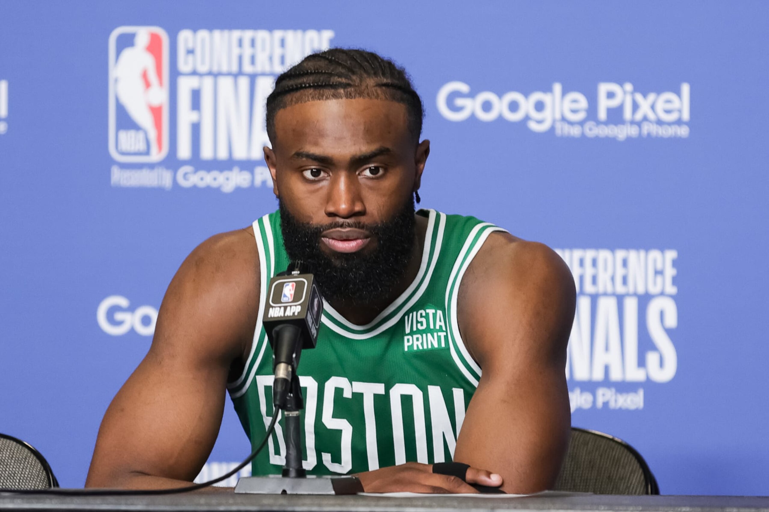 MIAMI, FLORIDA - MAY 27: Jaylen Brown #7 of the Boston Celtics speaks during a press conference following  game six of the Eastern Conference Finals against the Miami Heat at Kaseya Center on May 27, 2023 in Miami, Florida. NOTE TO USER: User expressly acknowledges and agrees that, by downloading and or using this photograph, User is consenting to the terms and conditions of the Getty Images License Agreement. (Photo by Megan Briggs/Getty Images)