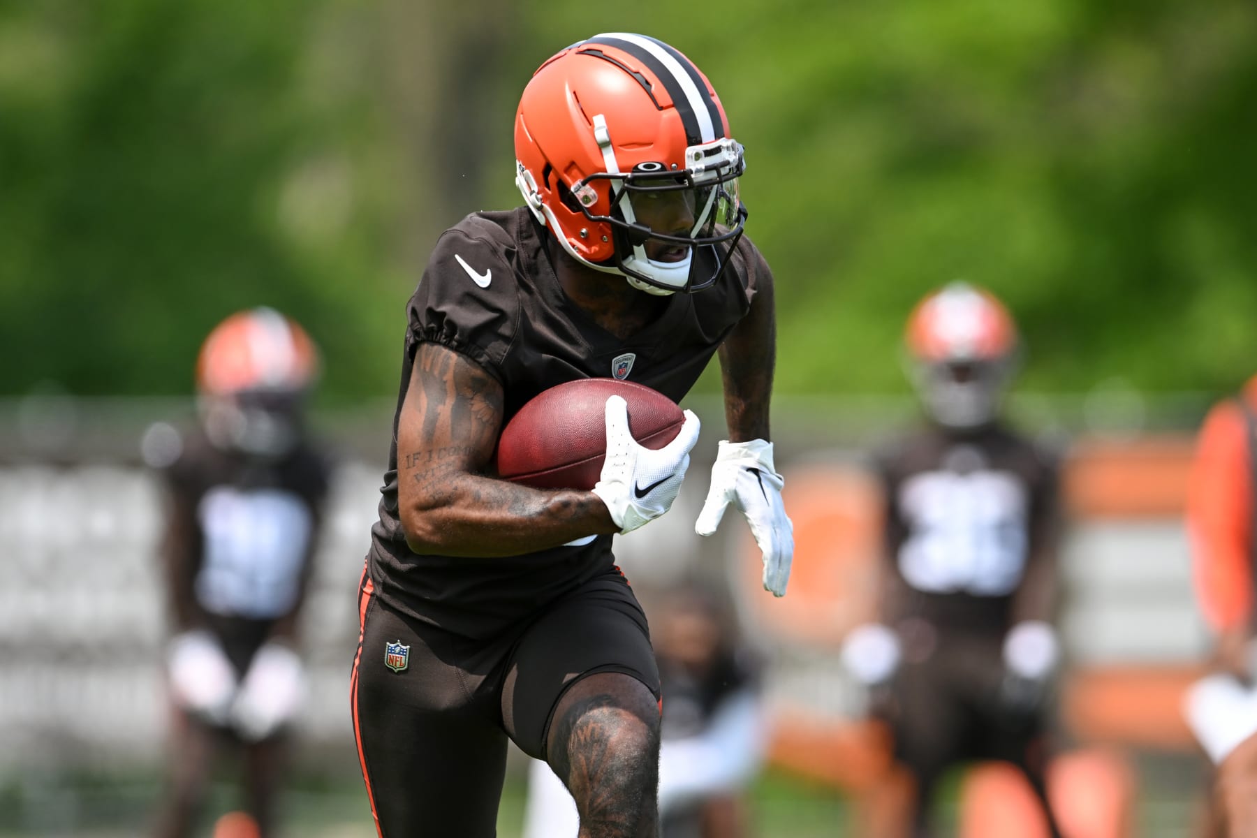 BEREA, OHIO - MAY 24: Elijah Moore #8 of the Cleveland Browns runs a drill during the Cleveland Browns OTAs at CrossCountry Mortgage Campus on May 24, 2023 in Berea, Ohio. (Photo by Nick Cammett/Diamond Images via Getty Images)