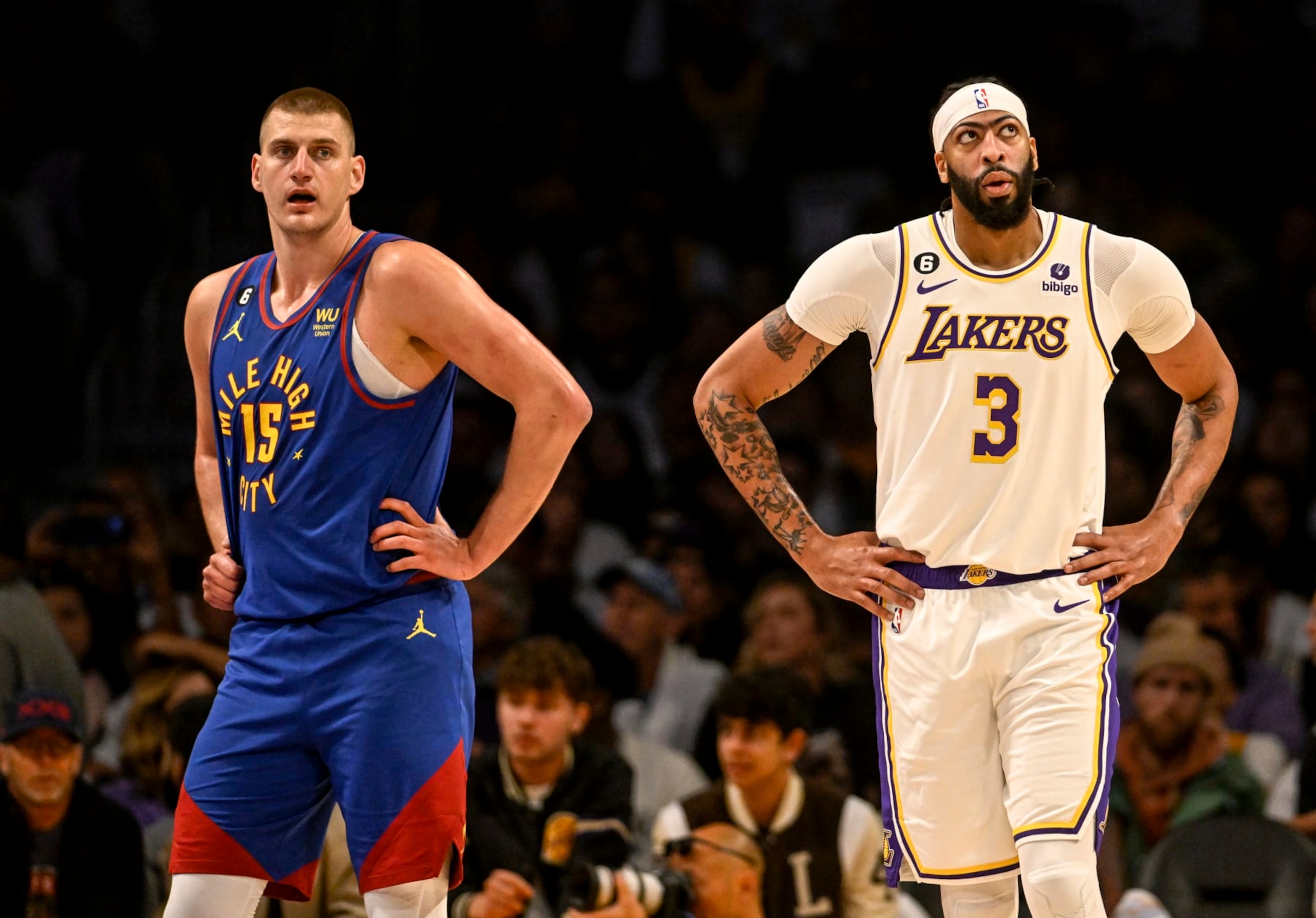 LOS ANGELES, CA - MAY 20: Nikola Jokic (15) of the Denver Nuggets and Anthony Davis (3) of the Los Angeles Lakers square off during the first quarter of the Western Conference finals game 3 at Crypto.com Arena in Los Angeles on Saturday, May 20, 2023. (Photo by AAron Ontiveroz/The Denver Post)
