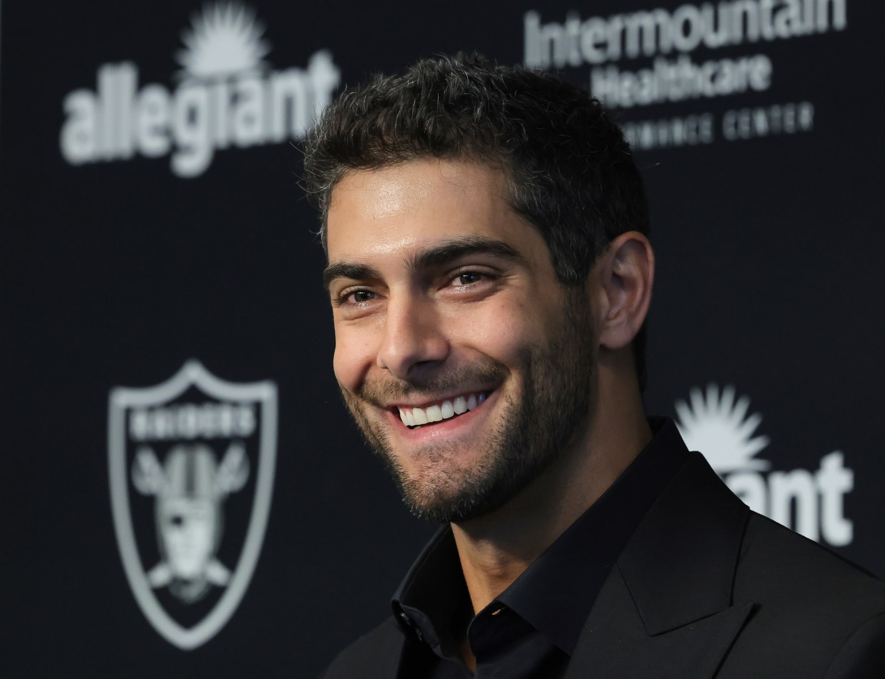 HENDERSON, NEVADA - MARCH 17: Quarterback Jimmy Garoppolo is introduced at the Las Vegas Raiders Headquarters/Intermountain Healthcare Performance Center on March 17, 2023 in Henderson, Nevada. (Photo by Ethan Miller/Getty Images)