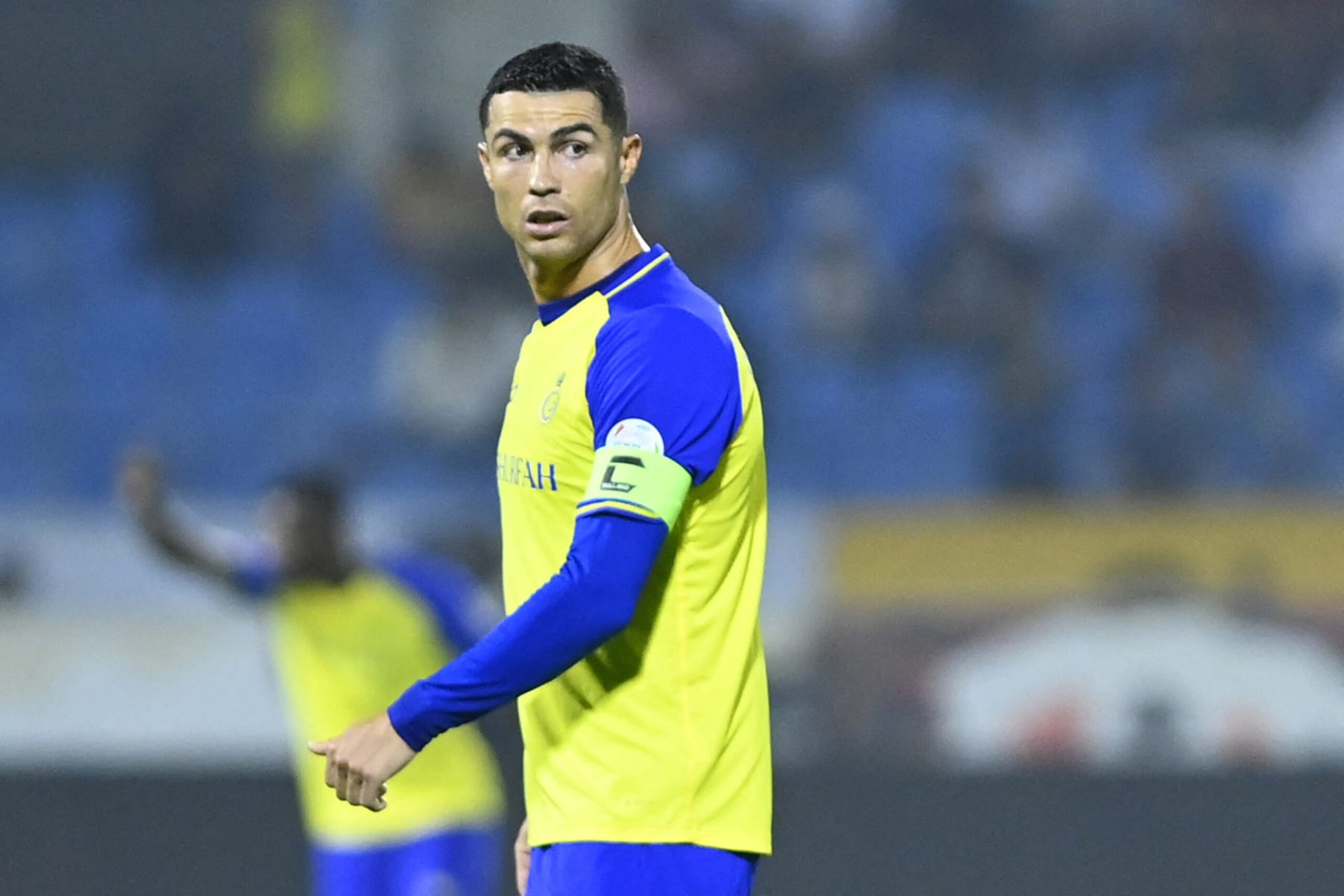 Nassr's Portuguese forward Cristiano Ronaldo looks on during the Saudi Pro League football match between Al-Nassr and Al-Ettifaq at the Prince Mohammed Bin Fahd Stadium in Dammam on May 27, 2023. (Photo by AFP) (Photo by -/AFP via Getty Images)