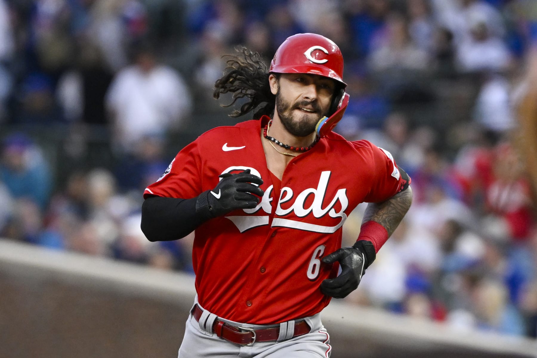 CHICAGO, ILLINOIS - MAY 27: Jonathan India #6 of the Cincinnati Reds hits a two-run home run in the fifth inning against the Chicago Cubs at Wrigley Field on May 27, 2023 in Chicago, Illinois. (Photo by Quinn Harris/Getty Images)