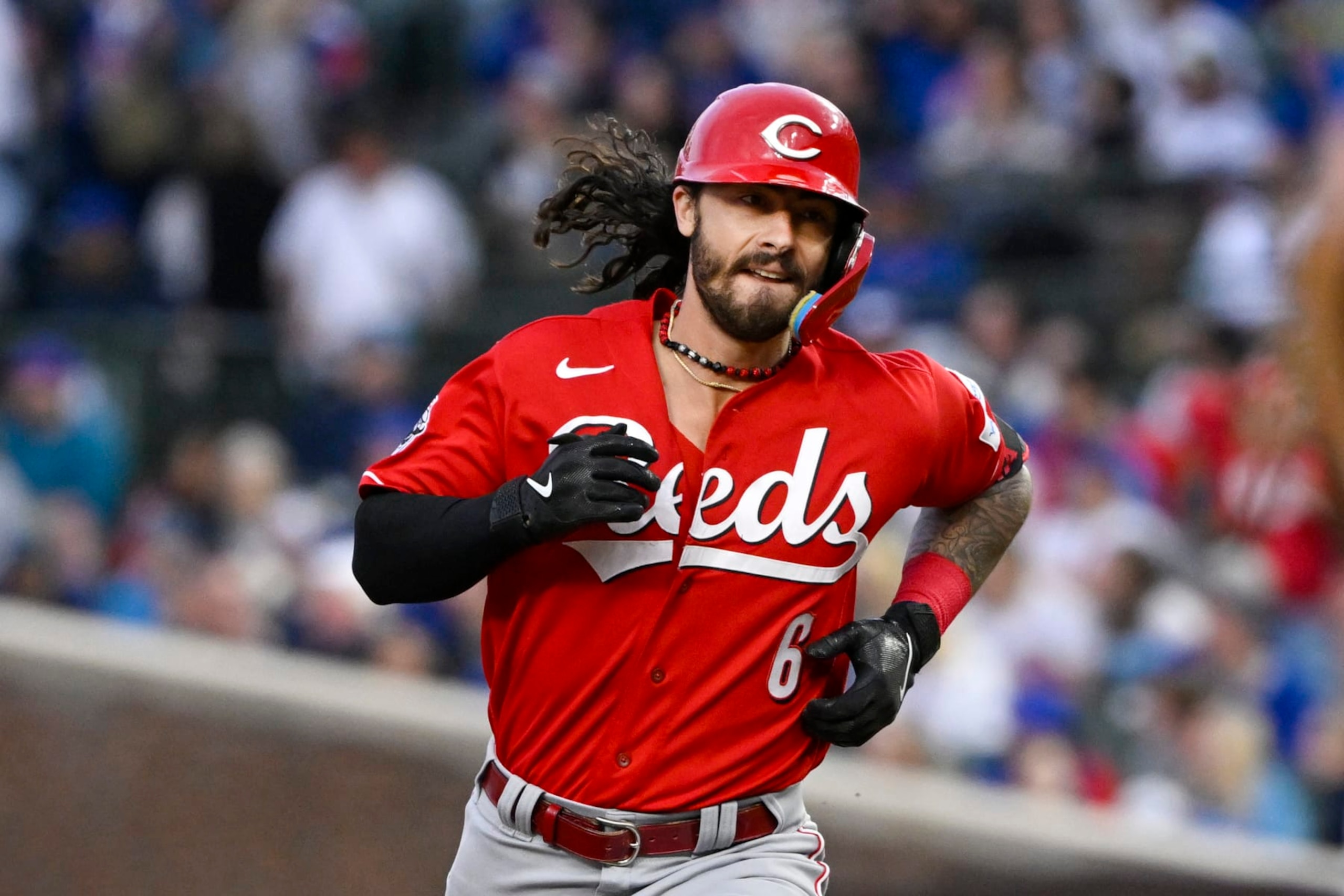 CHICAGO, ILLINOIS - MAY 27: Jonathan India #6 of the Cincinnati Reds hits a two-run home run in the fifth inning against the Chicago Cubs at Wrigley Field on May 27, 2023 in Chicago, Illinois. (Photo by Quinn Harris/Getty Images)