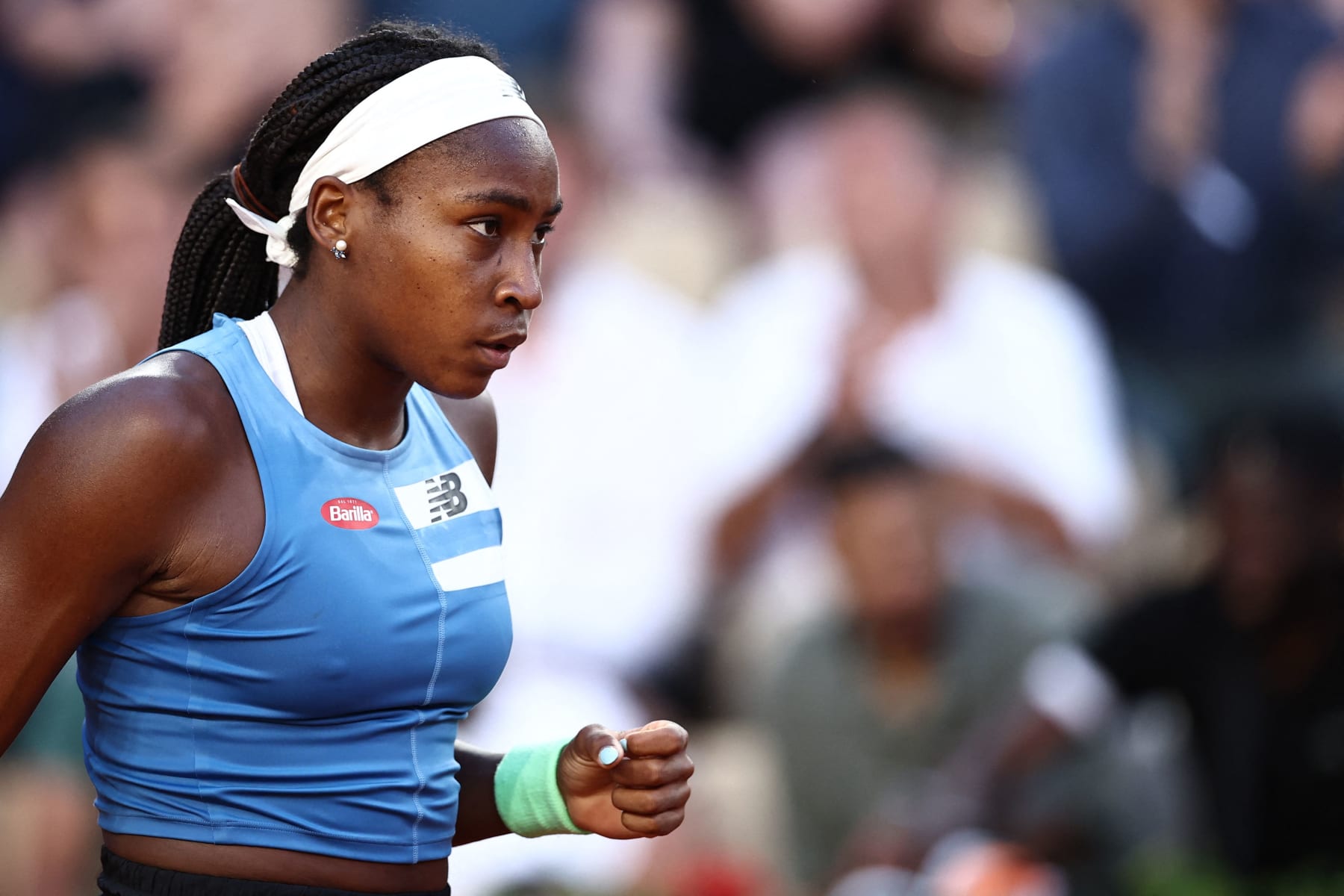 US Coco Gauff reacts as she plays against Austria's Julia Grabher during their women's singles match on day five of the Roland-Garros Open tennis tournament at the Court Suzanne-Lenglen in Paris on June 1, 2023. (Photo by Anne-Christine POUJOULAT / AFP) (Photo by ANNE-CHRISTINE POUJOULAT/AFP via Getty Images)