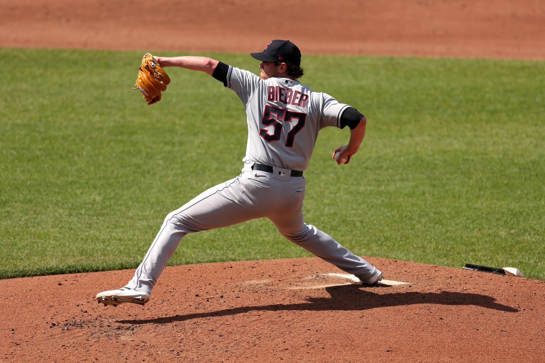 BALTIMORE, MARYLAND - MAY 31: Shane Bieber #57 of the Cleveland Guardians pitches to Baltimore Orioles batter in the second inning at Oriole Park at Camden Yards on May 31, 2023 in Baltimore, Maryland. (Photo by Rob Carr/Getty Images)