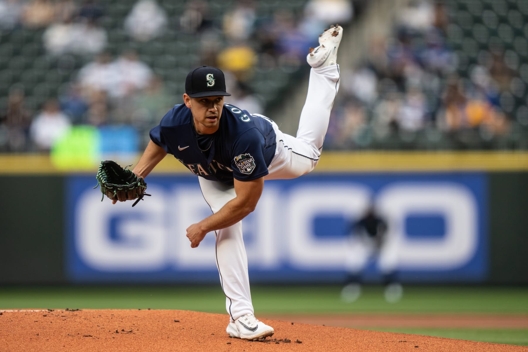 SEATTLE, WA - MAY 23: Starter Marco Gonzales #7 of the Seattle Mariners delivers a pitch during the first inning of a game against the Oakland Athletics at T-Mobile Park on May 23, 2023 in Seattle, Washington. (Photo by Stephen Brashear/Getty Images)