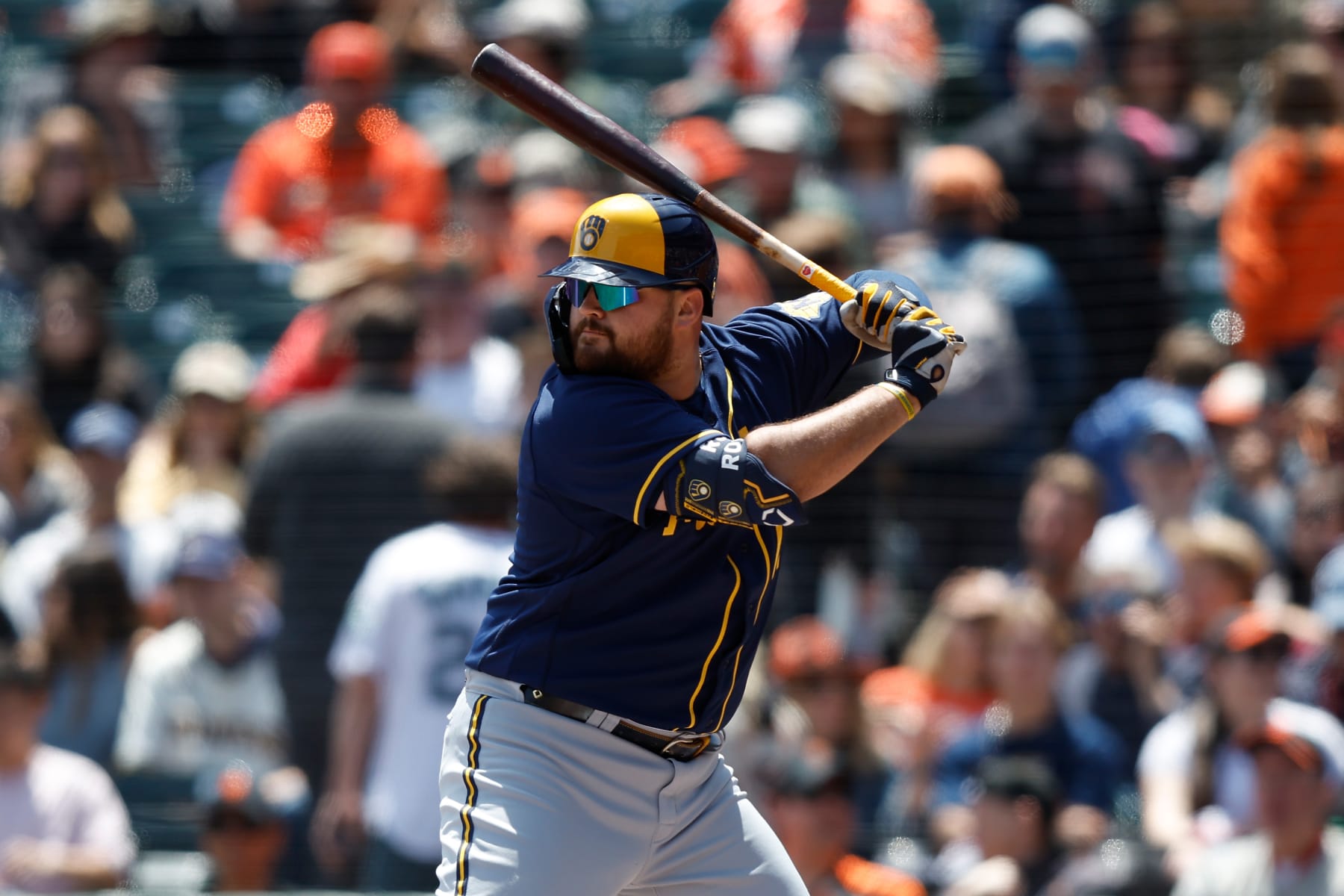 SAN FRANCISCO, CALIFORNIA - MAY 07: Rowdy Tellez #11 of the Milwaukee Brewers at bat against the San Francisco Giants at Oracle Park on May 07, 2023 in San Francisco, California. (Photo by Lachlan Cunningham/Getty Images)