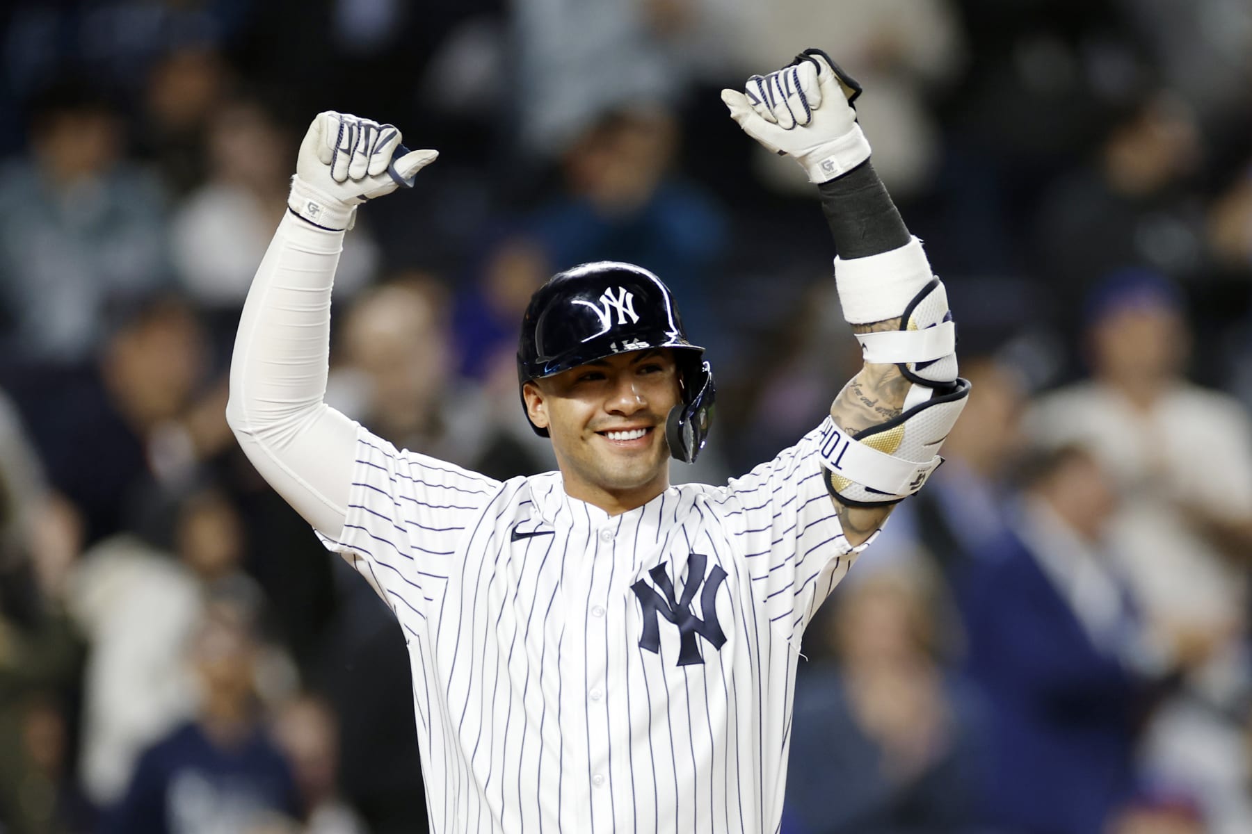 NEW YORK, NEW YORK - MAY 24: Gleyber Torres #25 of the New York Yankees reacts after hitting a two-run home run during the third inning against the Baltimore Orioles at Yankee Stadium on May 24, 2023 in the Bronx borough of New York City. (Photo by Sarah Stier/Getty Images)
