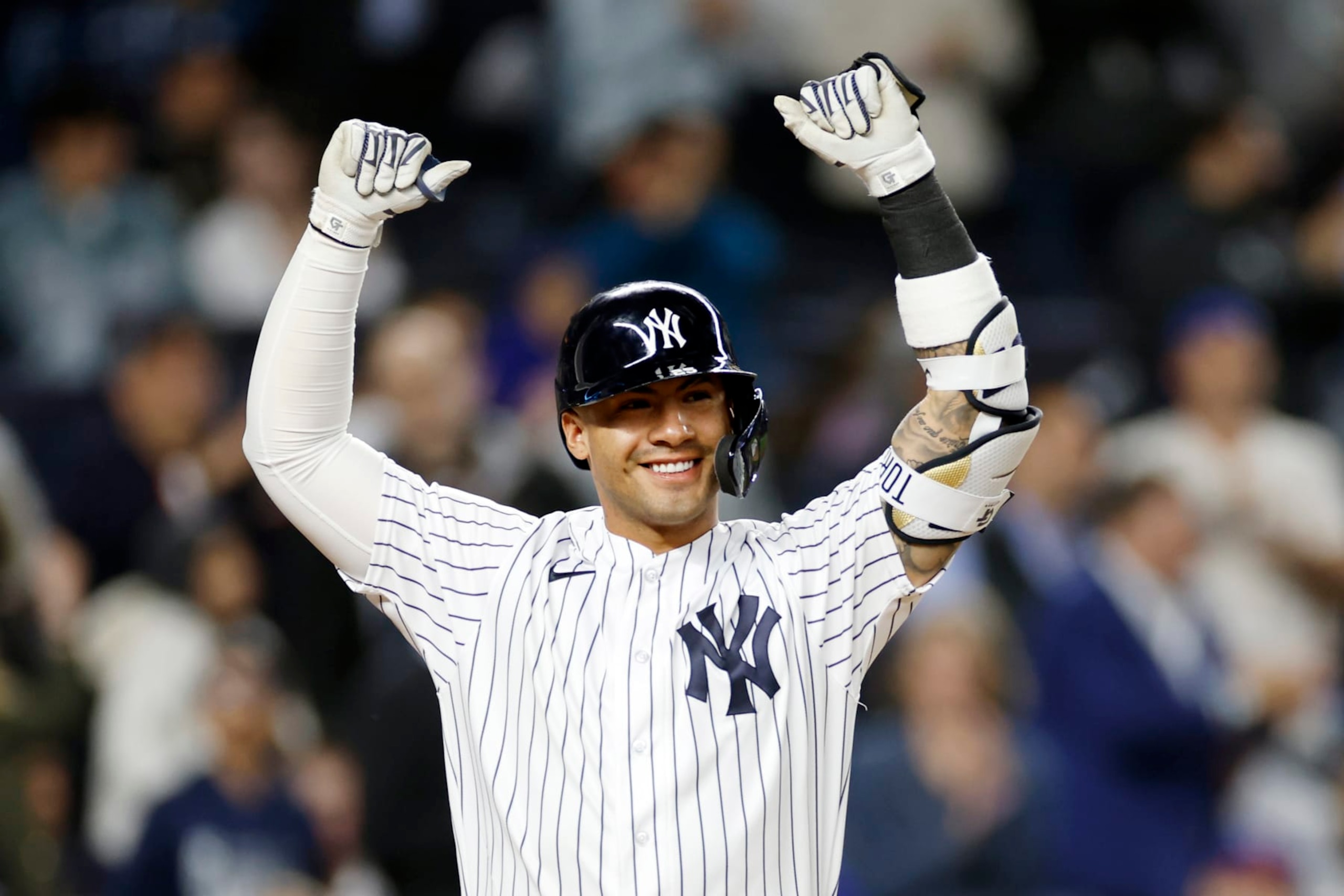 NEW YORK, NEW YORK - MAY 24: Gleyber Torres #25 of the New York Yankees reacts after hitting a two-run home run during the third inning against the Baltimore Orioles at Yankee Stadium on May 24, 2023 in the Bronx borough of New York City. (Photo by Sarah Stier/Getty Images)