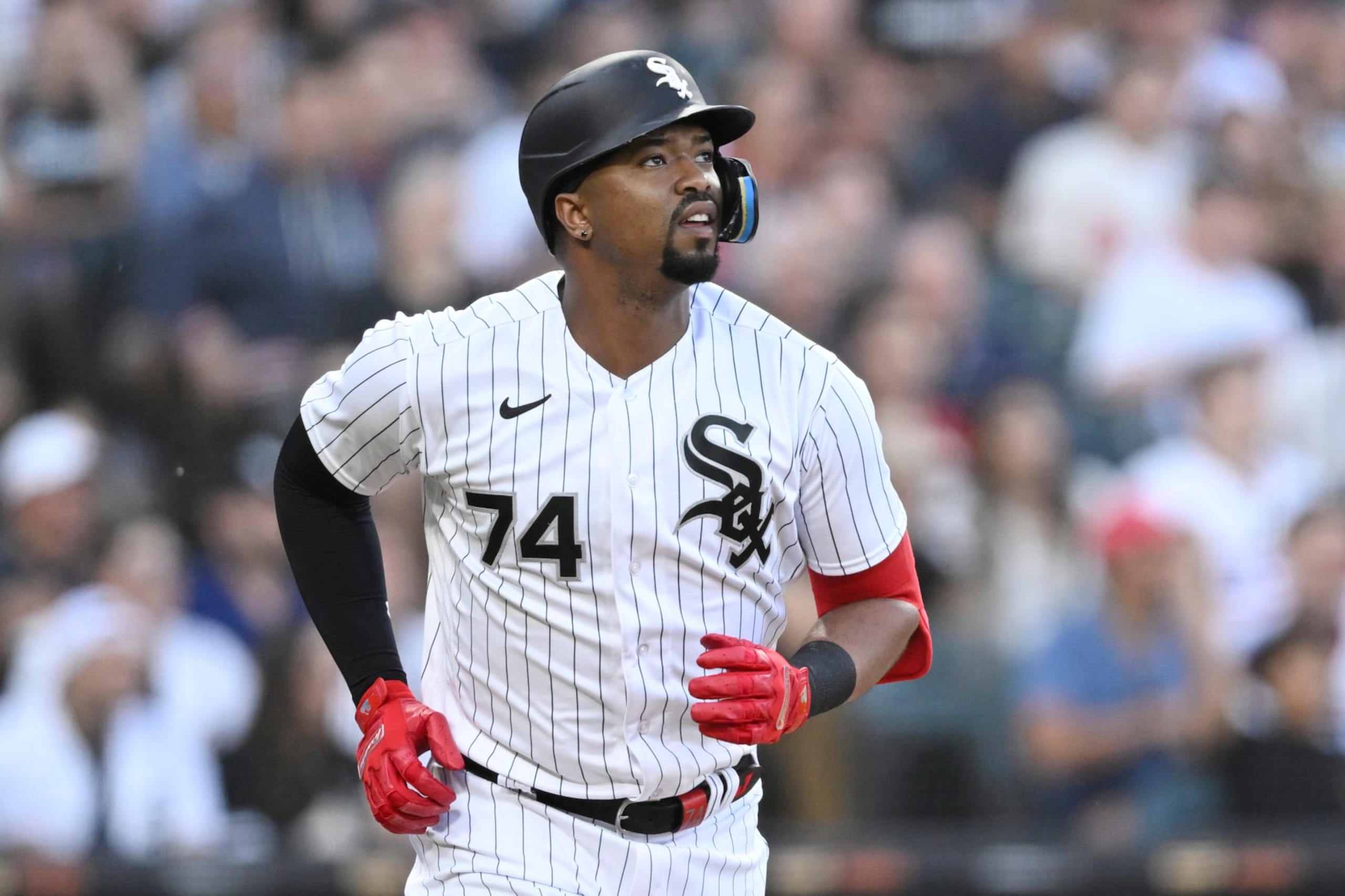 CHICAGO, ILLINOIS - MAY 30: Eloy Jimenez #74 of the Chicago White Sox hits a sacrifice fly in the first inning against the Los Angeles Angels at Guaranteed Rate Field on May 30, 2023 in Chicago, Illinois. (Photo by Quinn Harris/Getty Images)