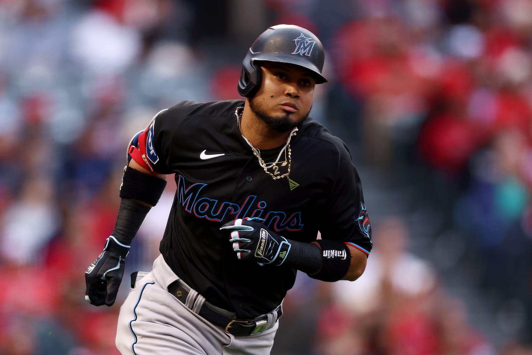 ANAHEIM, CALIFORNIA - MAY 26: Luis Arraez #3 of the Miami Marlins runs to first base during the first inning against the Los Angeles Angels at Angel Stadium of Anaheim on May 26, 2023 in Anaheim, California. (Photo by Katelyn Mulcahy/Getty Images)