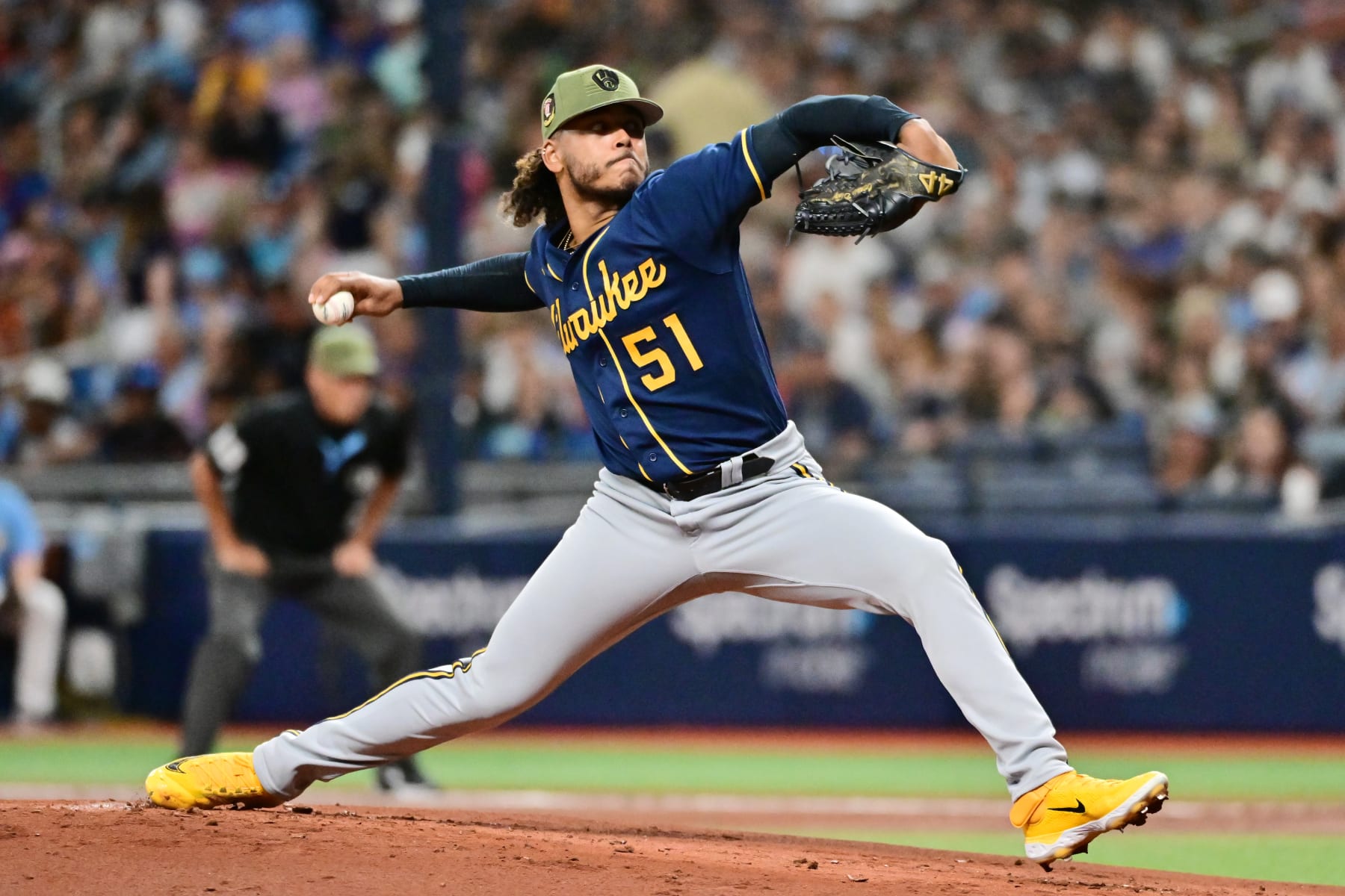 ST PETERSBURG, FLORIDA - MAY 21: Freddy Peralta #51 of the Milwaukee Brewers delivers in the first inning against the Tampa Bay Rays at Tropicana Field on May 21, 2023 in St Petersburg, Florida. (Photo by Julio Aguilar/Getty Images)