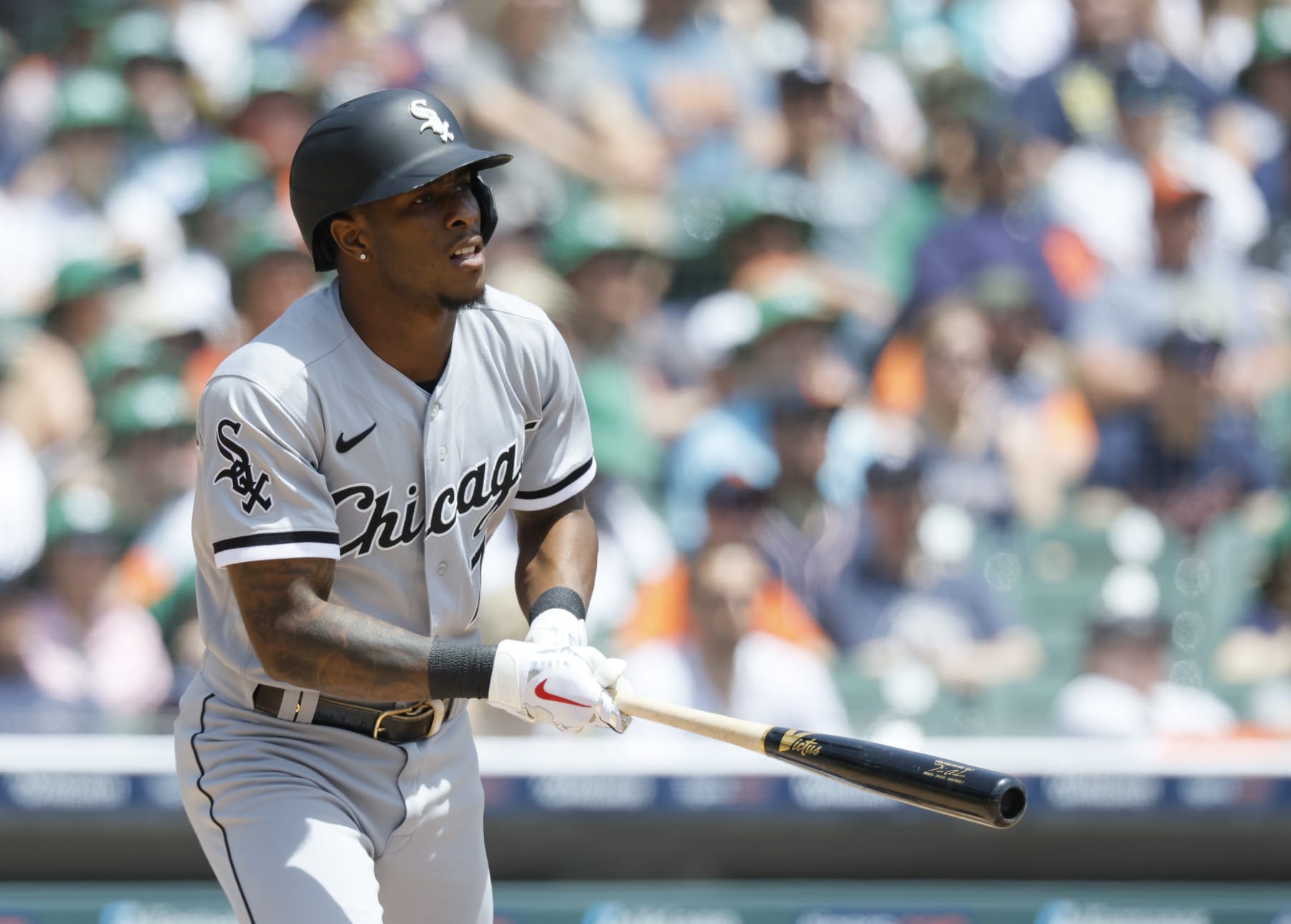 DETROIT, MI -  MAY 27:  Tim Anderson #7 of the Chicago White Sox watches his fly ball against the Detroit Tigers during the first inning at Comerica Park on May 27, 2023 in Detroit, Michigan. (Photo by Duane Burleson/Getty Images)