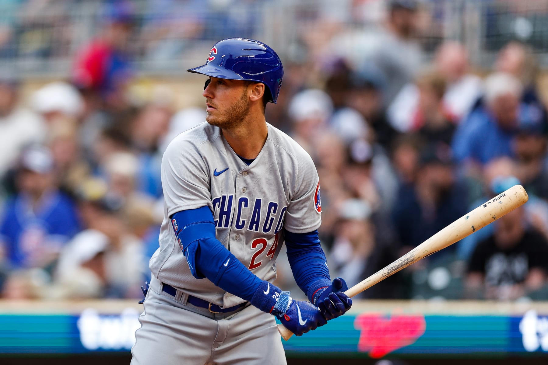 MINNEAPOLIS, MN - MAY 12: Cody Bellinger #24 of the Chicago Cubs takes an at-bat against the Minnesota Twins in the first inning at Target Field on May 12, 2023 in Minneapolis, Minnesota. The Cubs defeated the Twins 6-2. (Photo by David Berding/Getty Images)