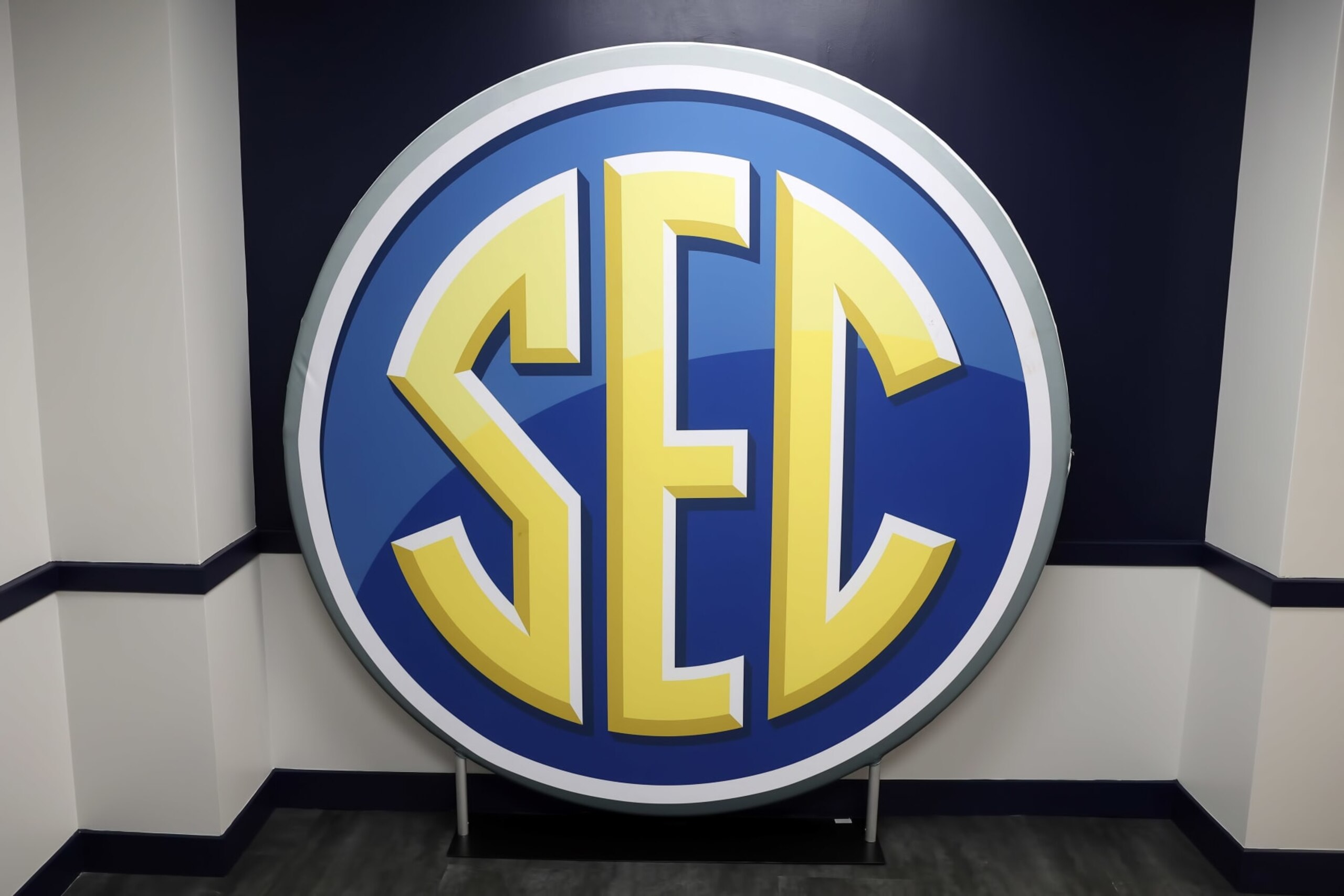 HOOVER, AL - MAY 23: A general view of the SEC logo inside the stadium during the 2023 SEC Baseball Tournament game between the South Carolina Gamecocks and the Georgia Bulldogs on May 23, 2023 at Hoover Metropolitan Stadium in Hoover, Alabama.  (Photo by Michael Wade/Icon Sportswire via Getty Images)