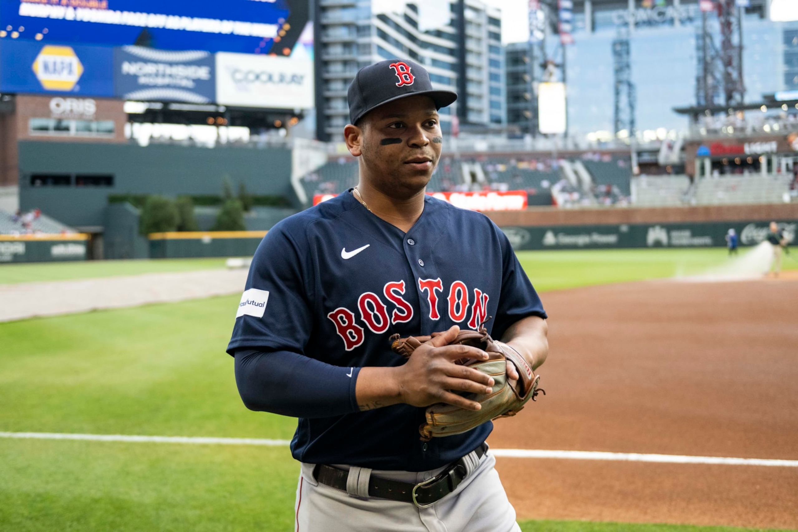 BOSTON, MA - MAY 9: Rafael Devers #11 of the Boston Red Sox reacts before a game against the Atlanta Braves on May 9, 2023 at Truist Park in Atlanta, Georgia. (Photo by Billie Weiss/Boston Red Sox/Getty Images)