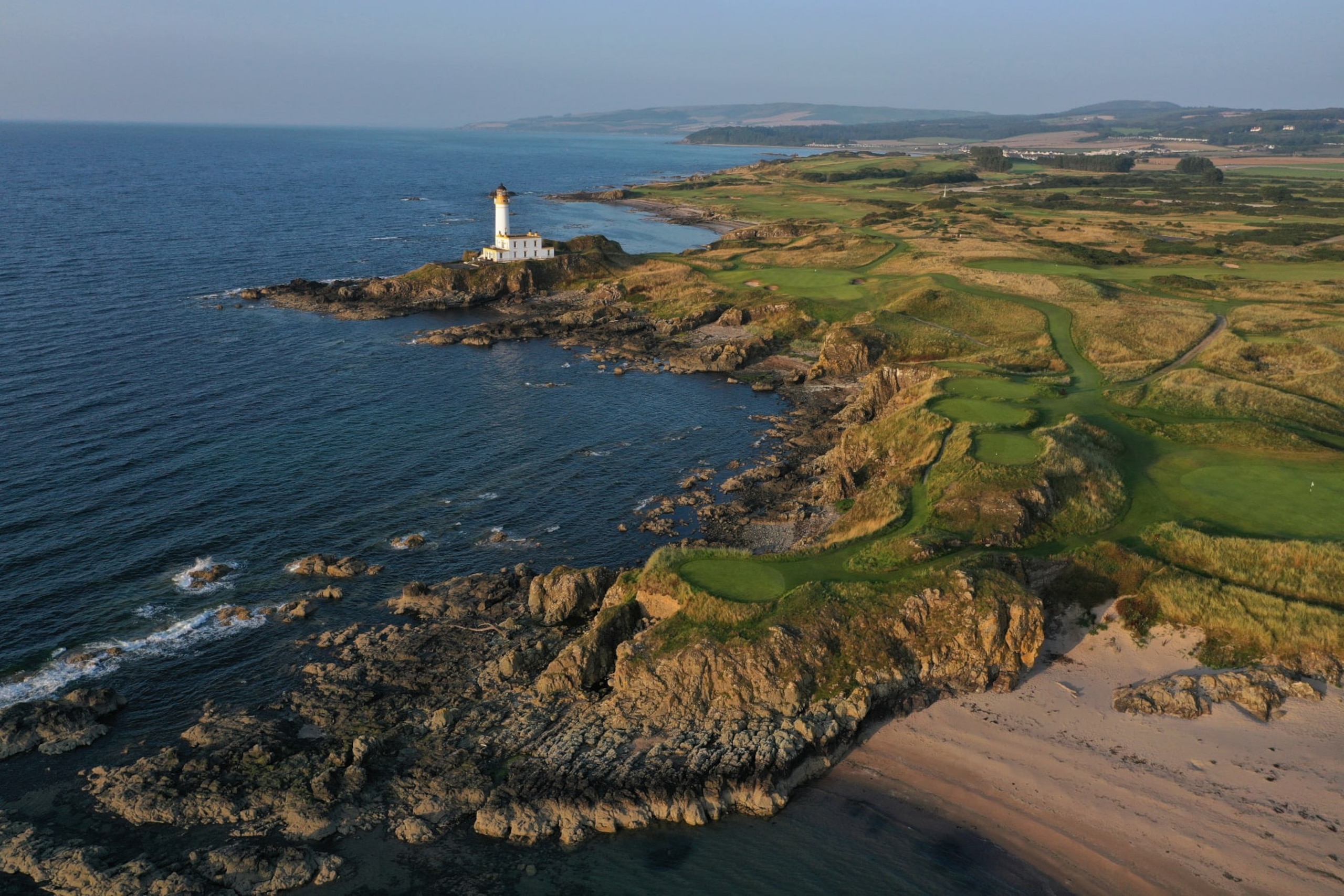 TURNBERRY, SCOTLAND - SEPTEMBER 02: An aerial view of the par 3, ninth hole on the Ailsa Course at the Trump Turnberry Resort on September 02, 2021 in Turnberry, Scotland.  (Photo by David Cannon/Getty Images)
