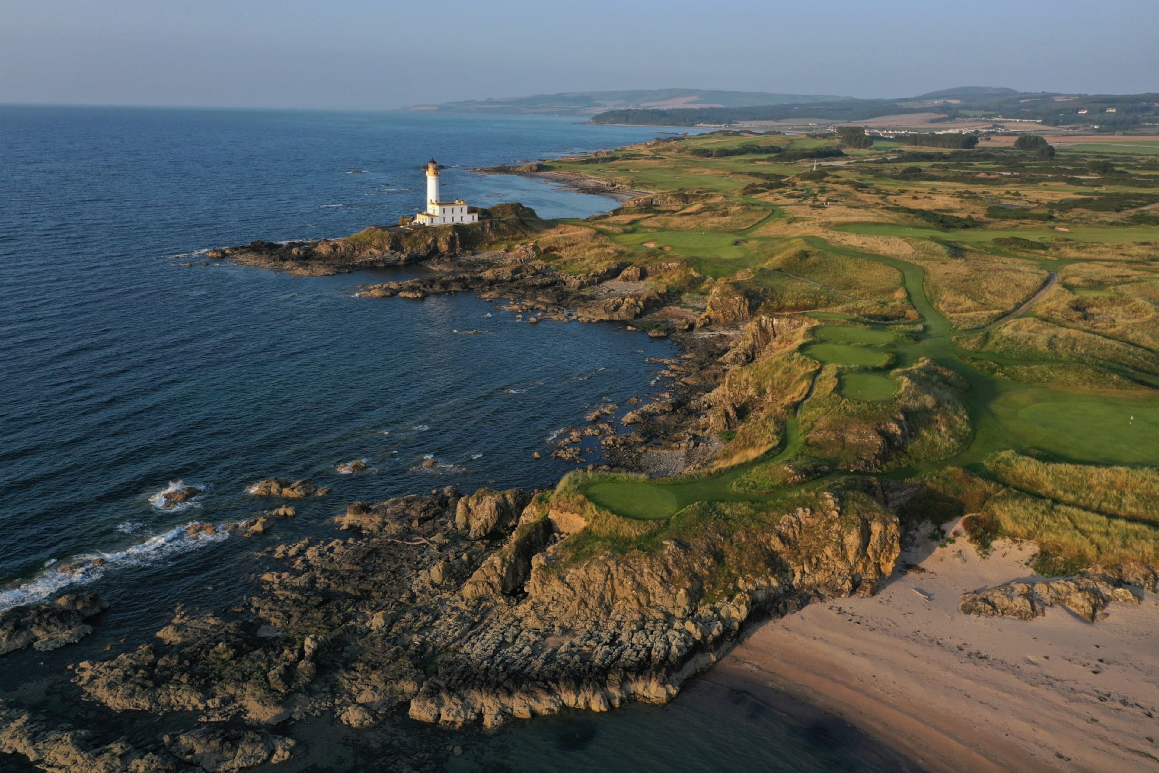 TURNBERRY, SCOTLAND - SEPTEMBER 02: An aerial view of the par 3, ninth hole on the Ailsa Course at the Trump Turnberry Resort on September 02, 2021 in Turnberry, Scotland.  (Photo by David Cannon/Getty Images)