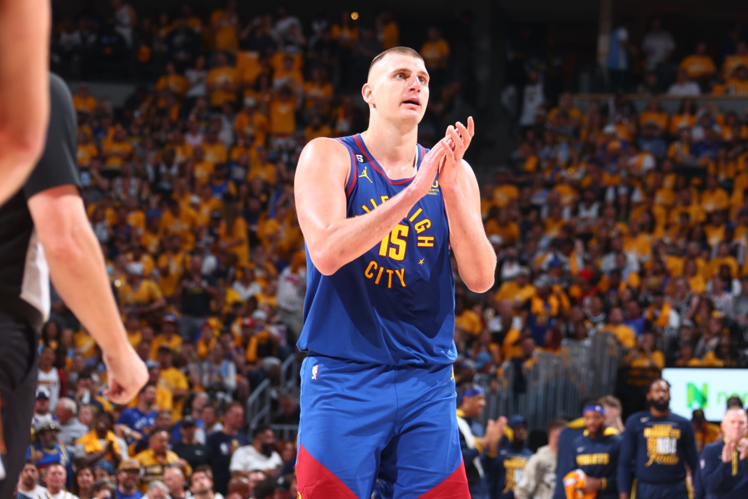 DENVER, CO - JUNE 1: Nikola Jokic #15 of the Denver Nuggets celebrates during Game One of the 2023 NBA Finals against the Miami Heat on June 1, 2023 at the Ball Arena in Denver, Colorado. NOTE TO USER: User expressly acknowledges and agrees that, by downloading and/or using this Photograph, user is consenting to the terms and conditions of the Getty Images License Agreement. Mandatory Copyright Notice: Copyright 2023 NBAE (Photo by Nathaniel S. Butler/NBAE via Getty Images)