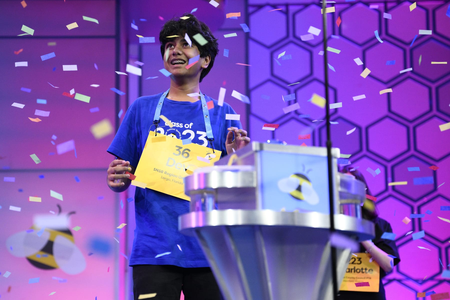 Dev Shah, 14, from Largo, Fla., reacts as he wins the Scripps National Spelling Bee finals, Thursday, June 1, 2023, in Oxon Hill, Md. (AP Photo/Nick Wass)