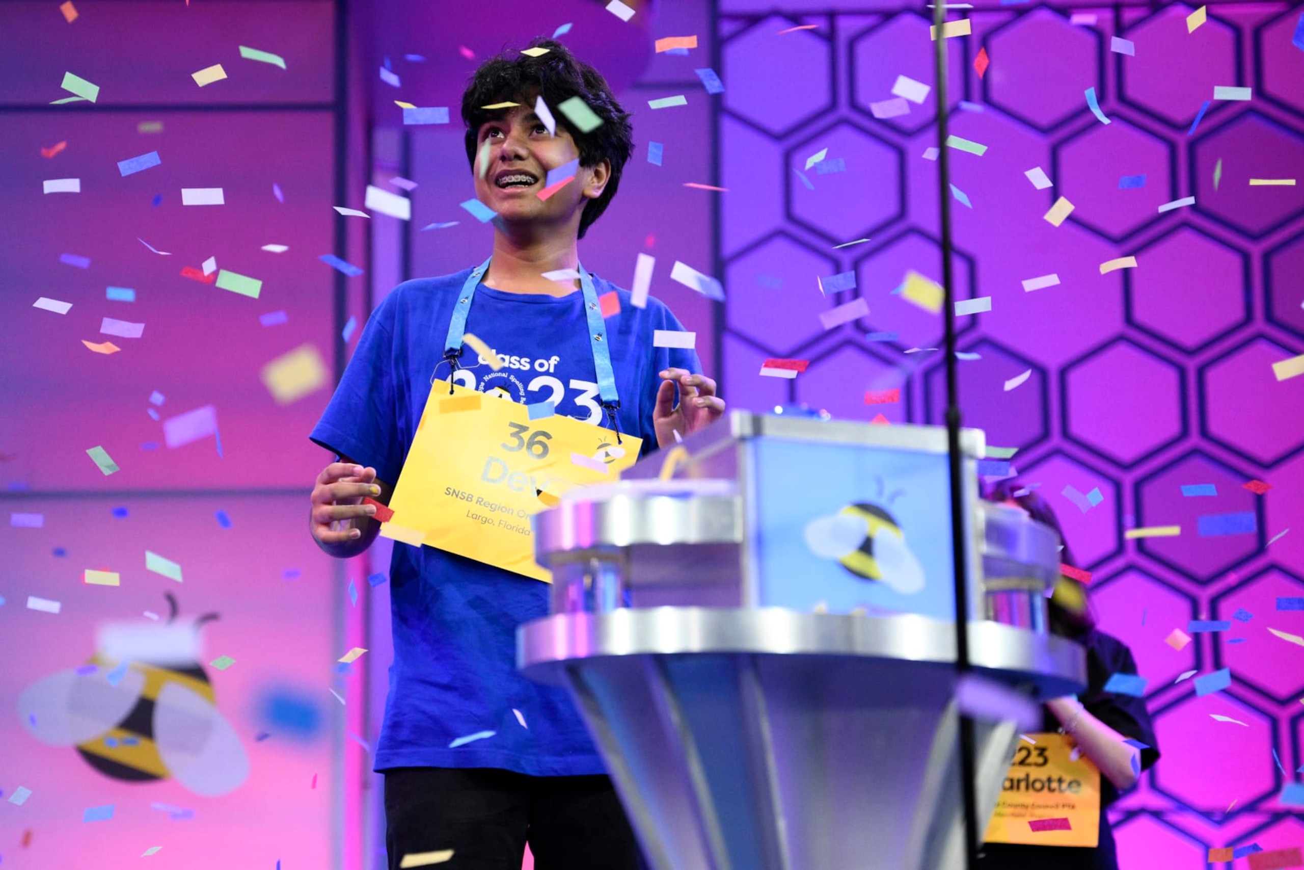 Dev Shah, 14, from Largo, Fla., reacts as he wins the Scripps National Spelling Bee finals, Thursday, June 1, 2023, in Oxon Hill, Md. (AP Photo/Nick Wass)