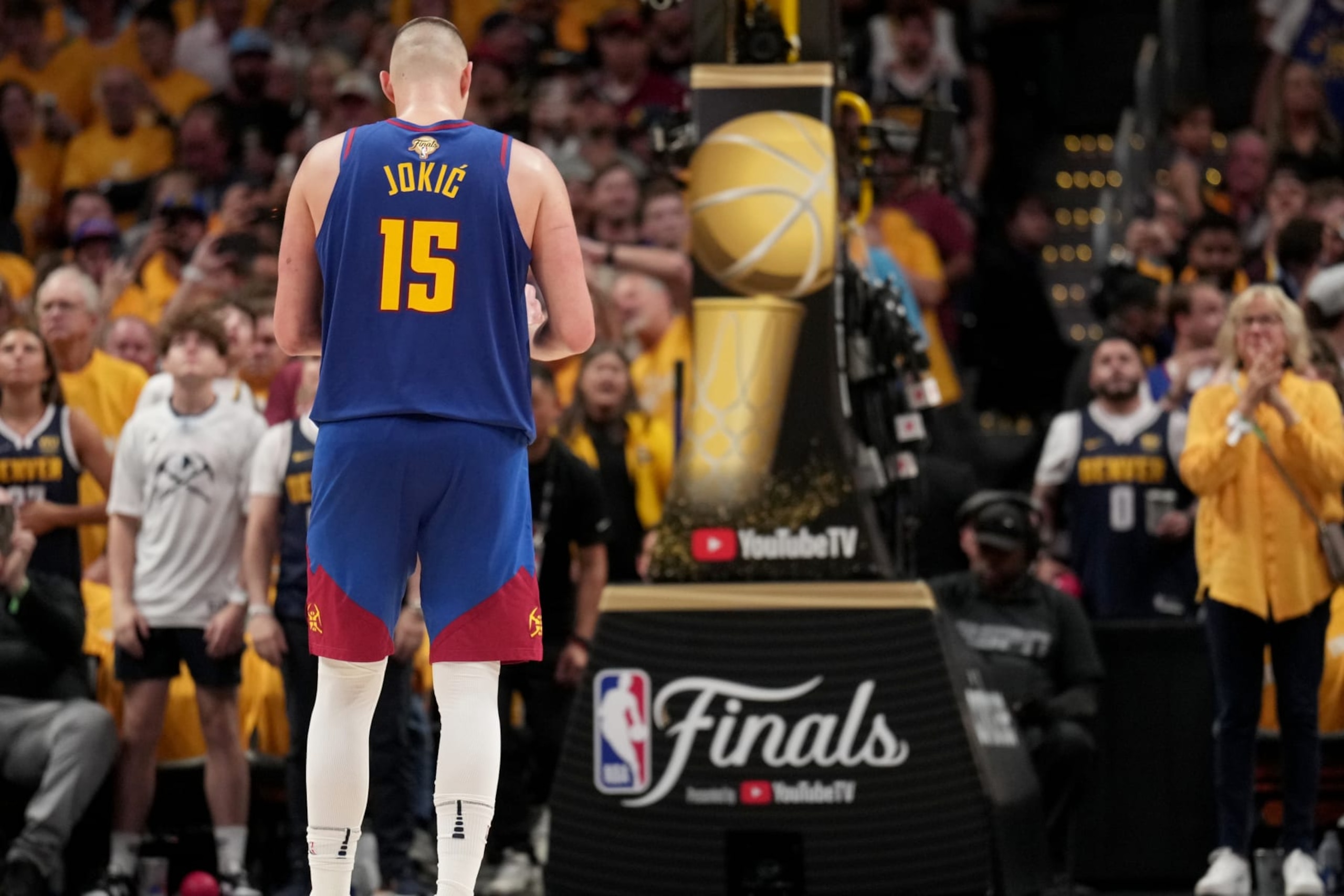 DENVER, CO - JUNE 1: Nikola Jokic #15 of the Denver Nuggets prepares to shoot a free throw during Game One of the 2023 NBA Finals against the Miami Heat on June 1, 2023 at the Ball Arena in Denver, Colorado. NOTE TO USER: User expressly acknowledges and agrees that, by downloading and/or using this Photograph, user is consenting to the terms and conditions of the Getty Images License Agreement. Mandatory Copyright Notice: Copyright 2023 NBAE (Photo by Jesse D. Garrabrant/NBAE via Getty Images)