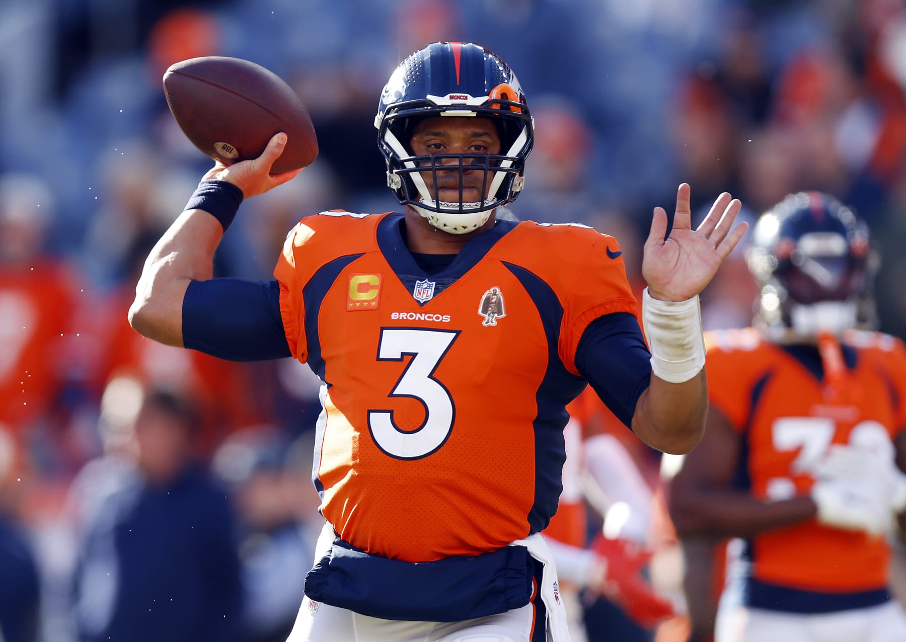 DENVER, COLORADO - JANUARY 08: Russell Wilson #3 of the Denver Broncos warms up prior to a game against the Los Angeles Chargers at Empower Field At Mile High on January 08, 2023 in Denver, Colorado. (Photo by Justin Edmonds/Getty Images)