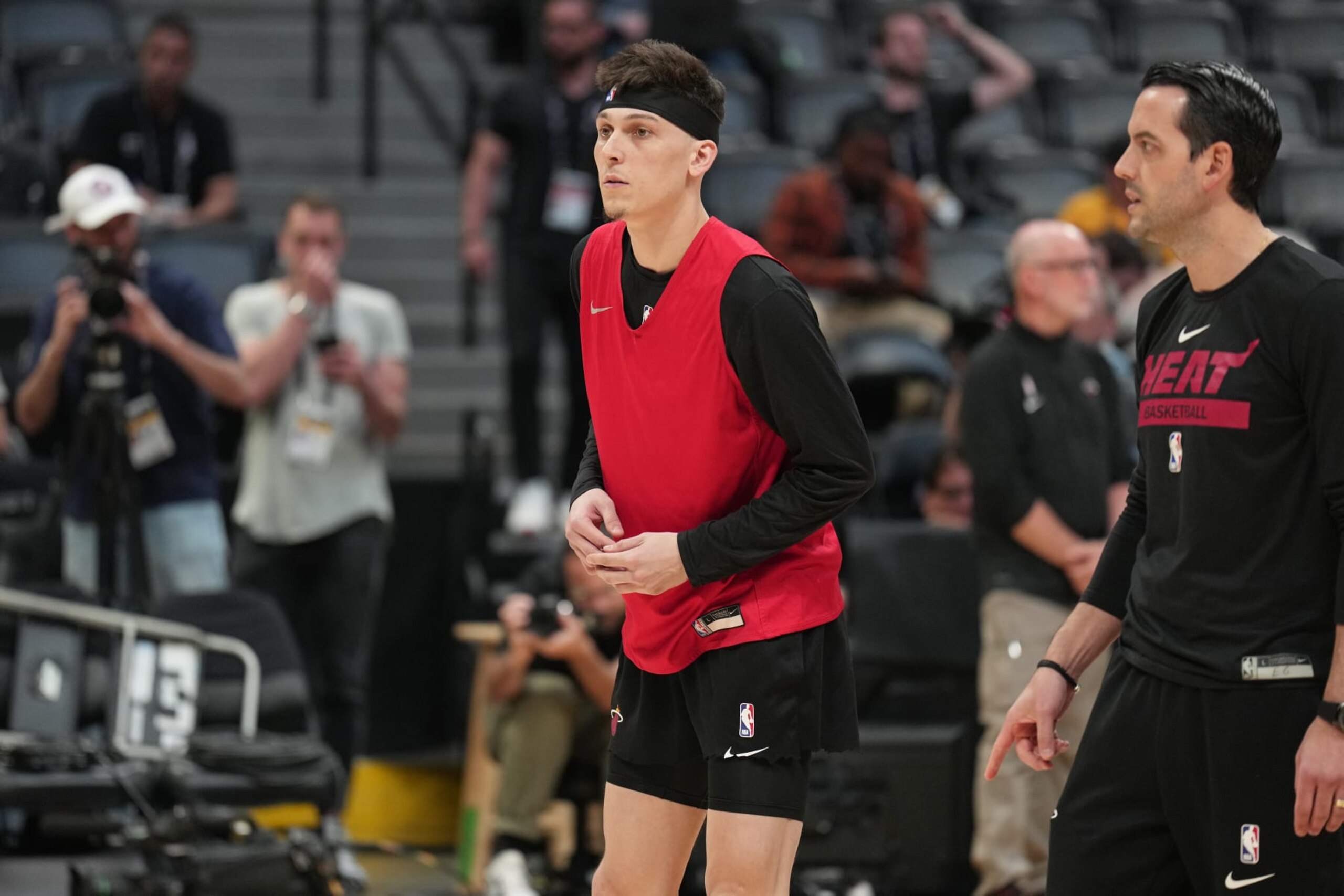 DENVER, CO - MAY 31: Tyler Herro #14 of the Miami Heat looks on during 2023 NBA Finals Practice and Media Availability on May 31, 2023 at the Ball Arena in Denver, Colorado. NOTE TO USER: User expressly acknowledges and agrees that, by downloading and/or using this Photograph, user is consenting to the terms and conditions of the Getty Images License Agreement. Mandatory Copyright Notice: Copyright 2023 NBAE (Photo by Jesse D. Garrabrant/NBAE via Getty Images)