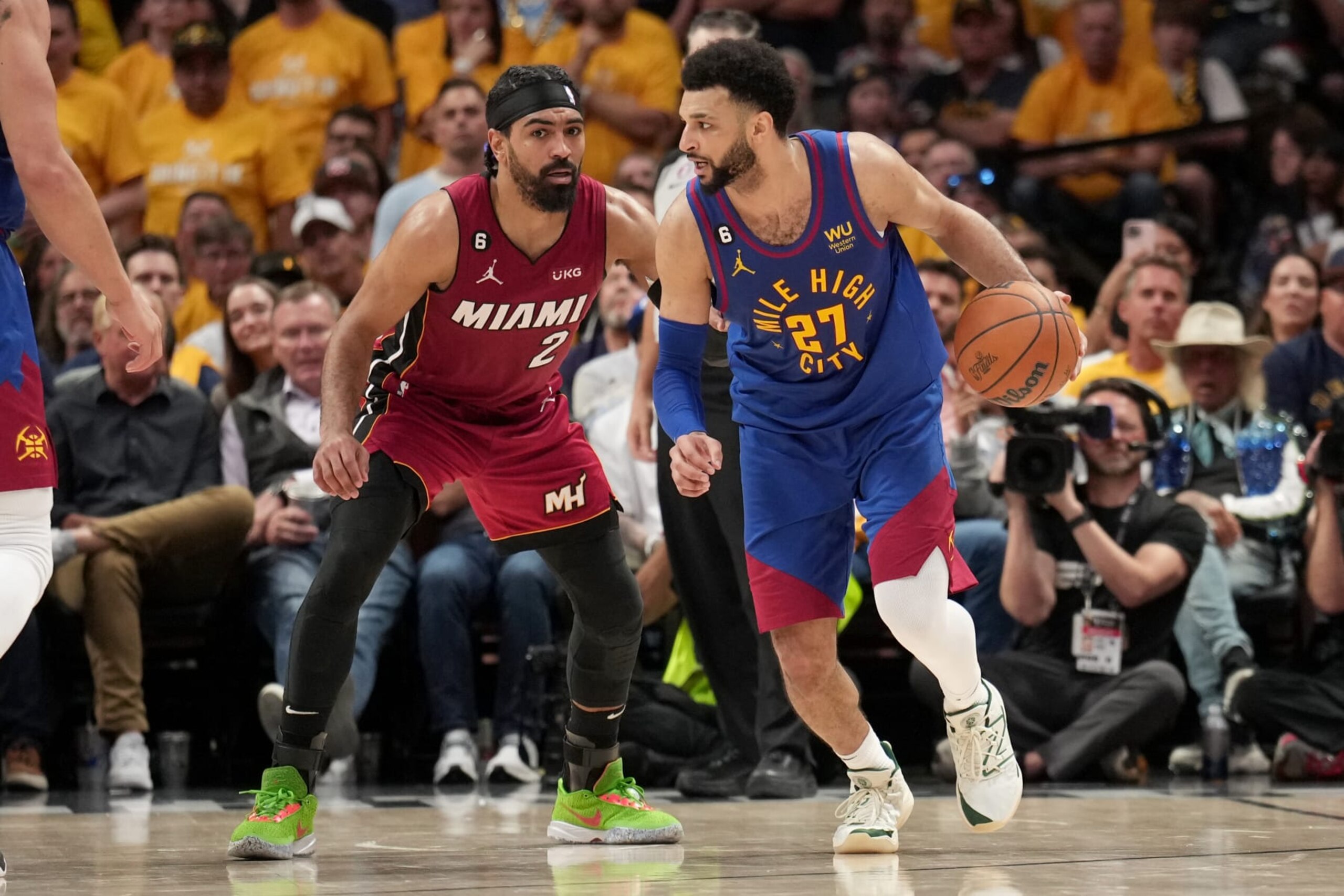 DENVER, CO - JUNE 1: Jamal Murray #27 of the Denver Nuggets dribbles the ball during Game One of the 2023 NBA Finals on June 1, 2023 at the Ball Arena in Denver, Colorado. NOTE TO USER: User expressly acknowledges and agrees that, by downloading and/or using this Photograph, user is consenting to the terms and conditions of the Getty Images License Agreement. Mandatory Copyright Notice: Copyright 2023 NBAE (Photo by Jesse D. Garrabrant/NBAE via Getty Images)