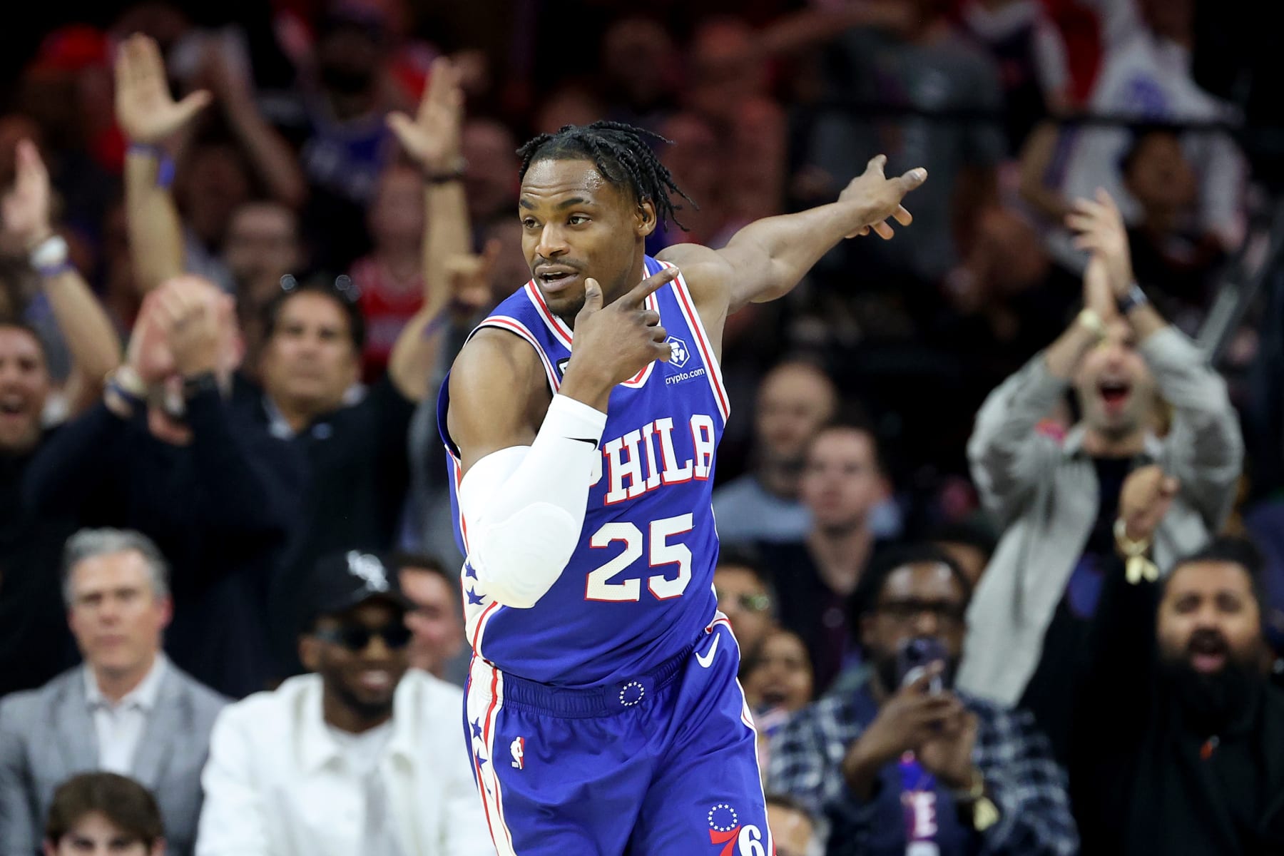 PHILADELPHIA, PENNSYLVANIA - MAY 11: Danuel House Jr. #25 of the Philadelphia 76ers celebrates a three point basket against the Boston Celtics during the first quarter in game six of the Eastern Conference Semifinals in the 2023 NBA Playoffs at Wells Fargo Center on May 11, 2023 in Philadelphia, Pennsylvania. NOTE TO USER: User expressly acknowledges and agrees that, by downloading and or using this photograph, User is consenting to the terms and conditions of the Getty Images License Agreement. (Photo by Tim Nwachukwu/Getty Images)