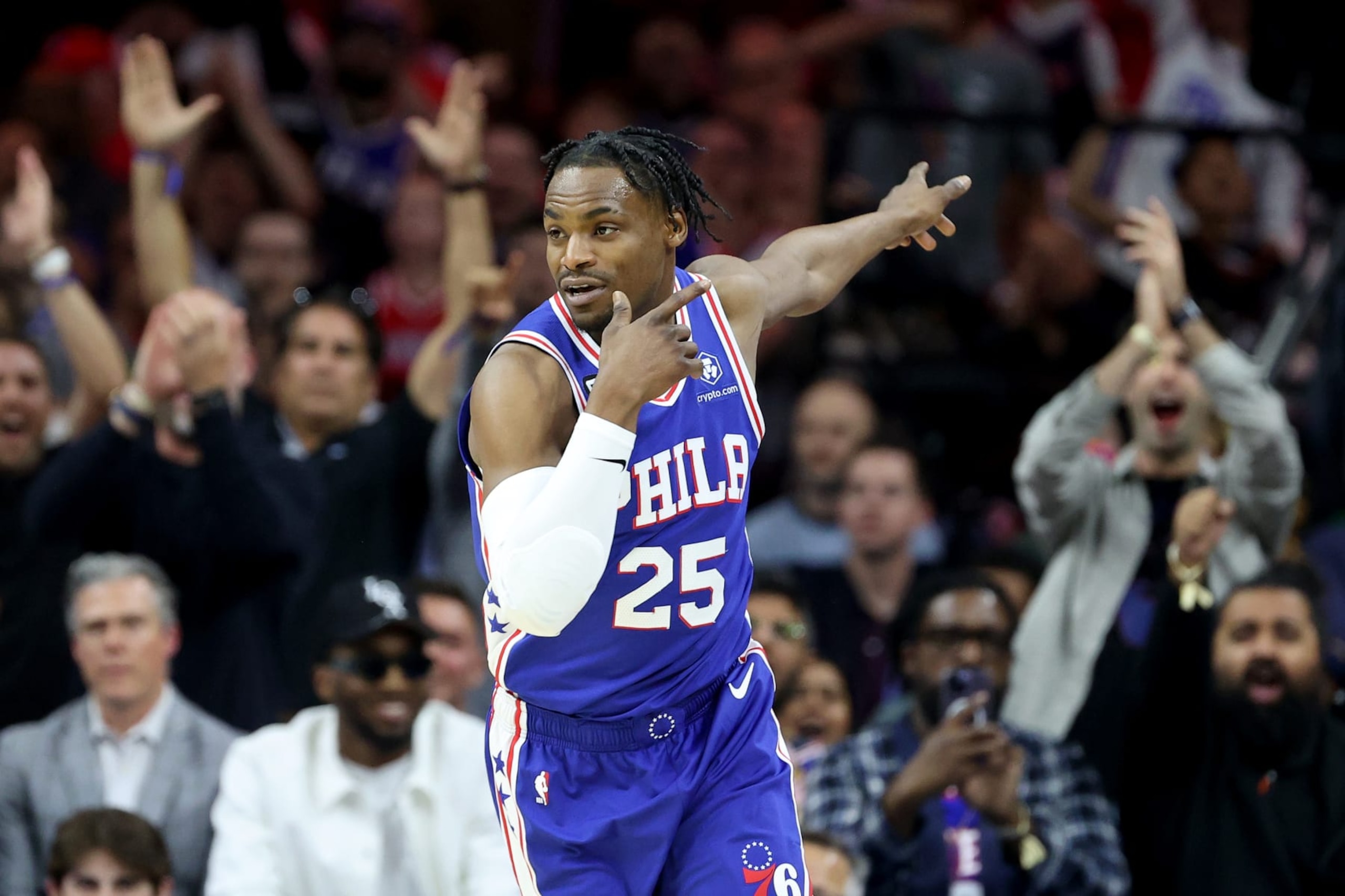 PHILADELPHIA, PENNSYLVANIA - MAY 11: Danuel House Jr. #25 of the Philadelphia 76ers celebrates a three point basket against the Boston Celtics during the first quarter in game six of the Eastern Conference Semifinals in the 2023 NBA Playoffs at Wells Fargo Center on May 11, 2023 in Philadelphia, Pennsylvania. NOTE TO USER: User expressly acknowledges and agrees that, by downloading and or using this photograph, User is consenting to the terms and conditions of the Getty Images License Agreement. (Photo by Tim Nwachukwu/Getty Images)