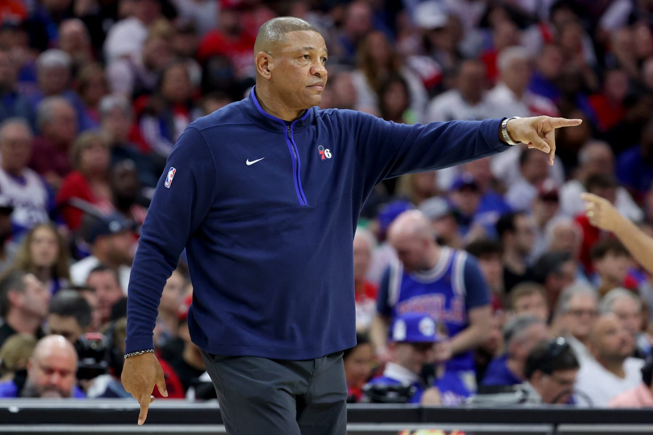 PHILADELPHIA, PENNSYLVANIA - MAY 11: Head Coach Doc Rivers of the Philadelphia 76ers points against the Boston Celtics during the first quarter in game six of the Eastern Conference Semifinals in the 2023 NBA Playoffs at Wells Fargo Center on May 11, 2023 in Philadelphia, Pennsylvania. NOTE TO USER: User expressly acknowledges and agrees that, by downloading and or using this photograph, User is consenting to the terms and conditions of the Getty Images License Agreement. (Photo by Tim Nwachukwu/Getty Images)