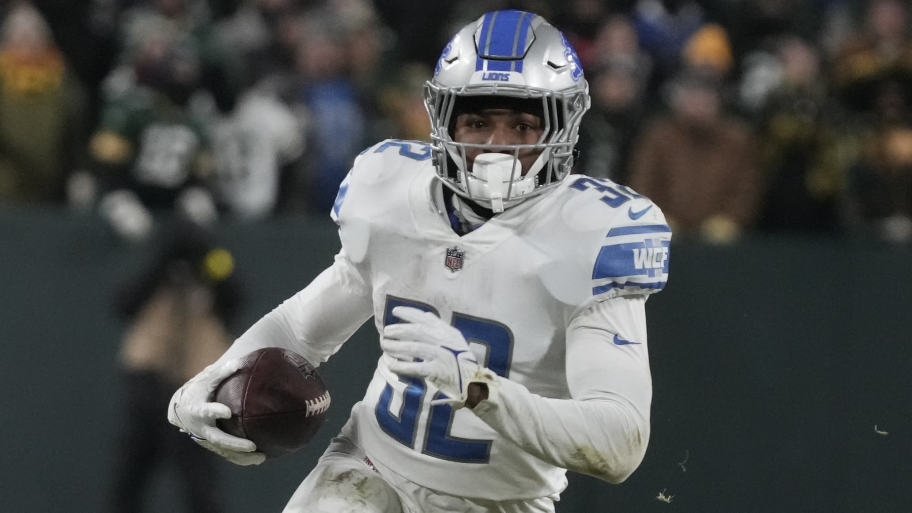 Detroit Lions' D'Andre Swift during the second half of an NFL football game against the Green Bay PackersSunday, Jan. 8, 2023, in Green Bay, Wis. (AP Photo/Morry Gash)