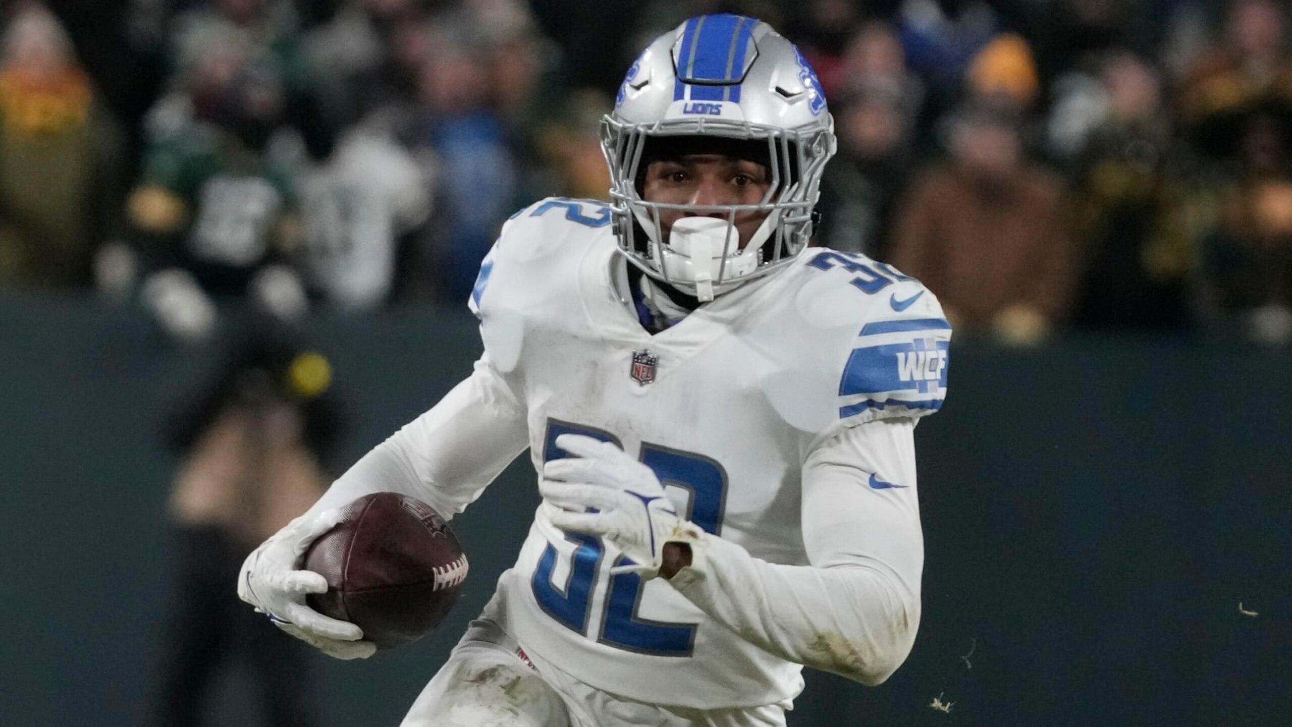 Detroit Lions' D'Andre Swift during the second half of an NFL football game against the Green Bay PackersSunday, Jan. 8, 2023, in Green Bay, Wis. (AP Photo/Morry Gash)