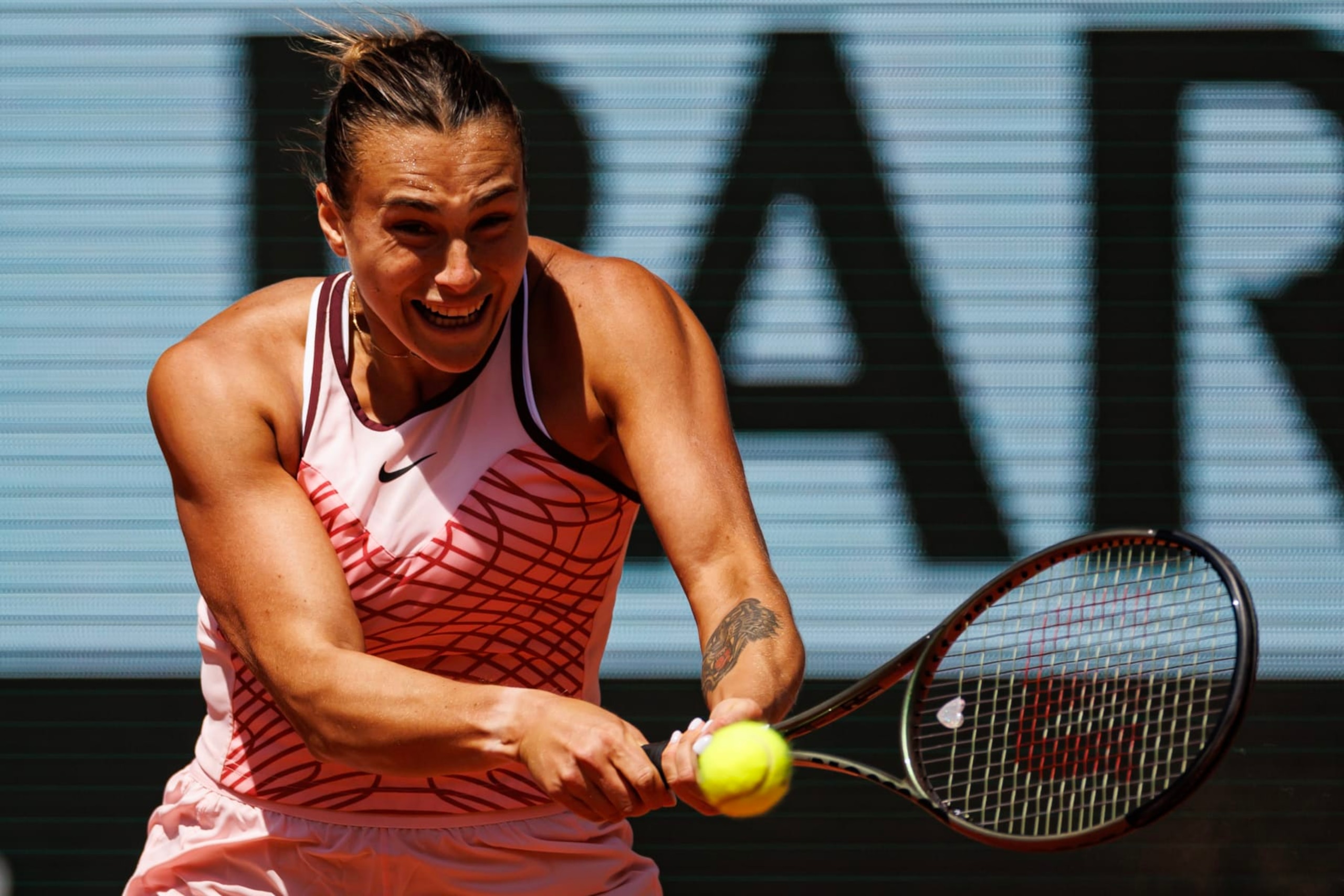 PARIS, FRANCE - JUNE 02: Aryna Sabalenka of Belarus hits a backhand against Kamilla Rakhimova of Russia in the third round of the women's singles at Roland Garros on June 02, 2023 in Paris, France. (Photo by Frey/TPN/Getty Images)