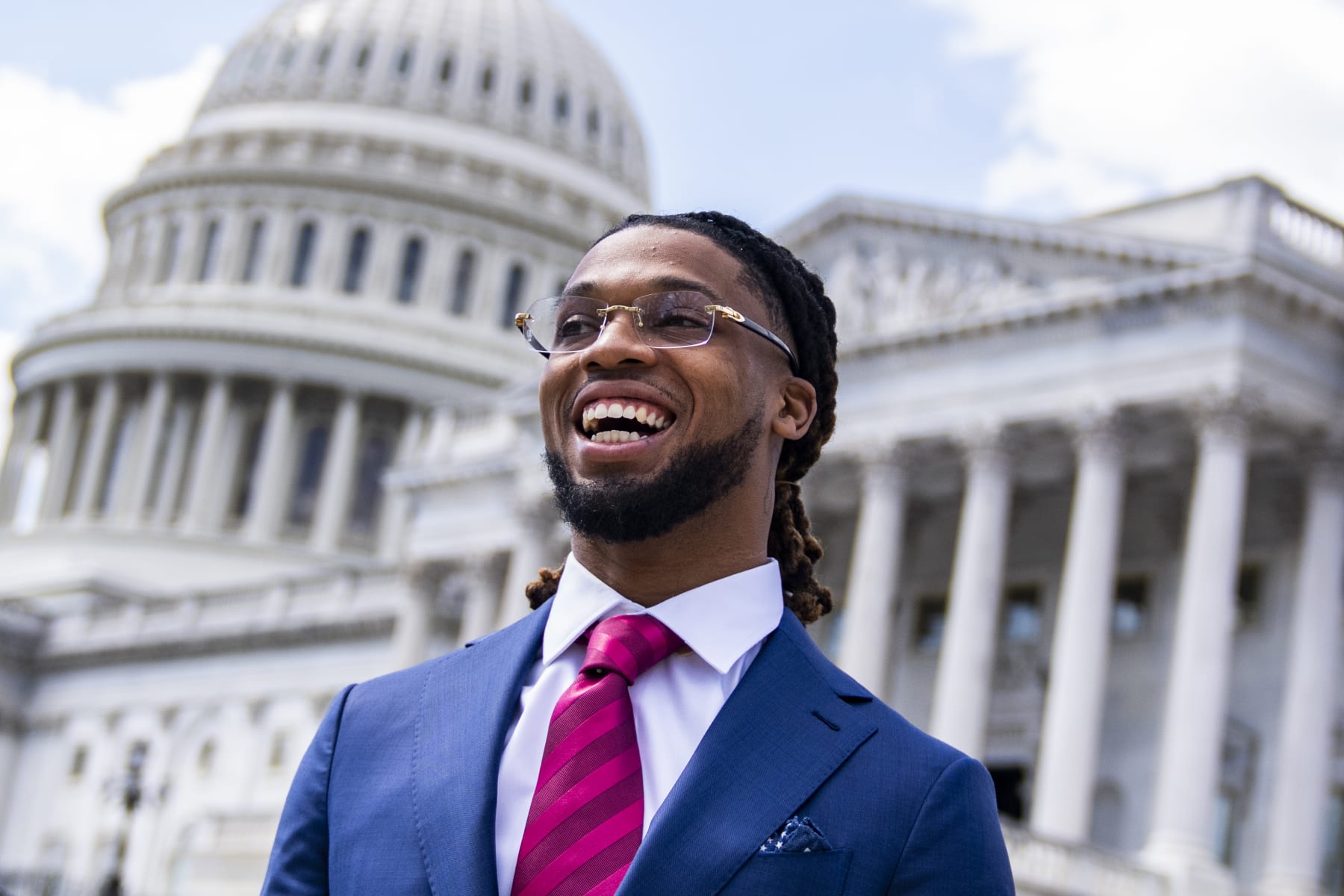 UNITED STATES - MARCH 29: Buffalo Bills safety Damar Hamlin is seen outside the U.S. Capitol before a news conference on the Access to AEDs Act, which aims improve access to defibrillators in schools, on Wednesday, March 29, 2023. (Tom Williams/CQ-Roll Call, Inc via Getty Images)