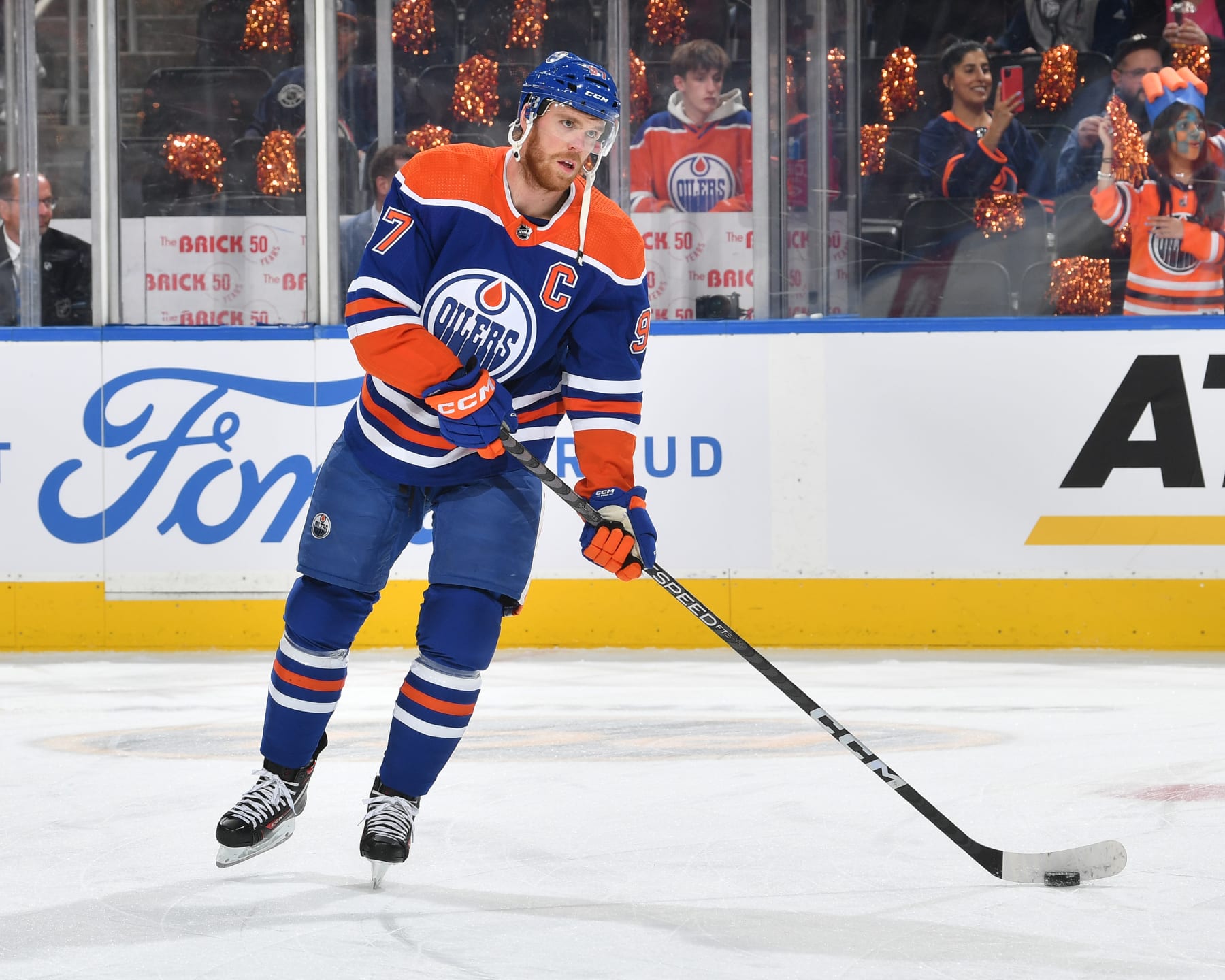 EDMONTON, CANADA - MAY 14: Connor McDavid #97 of the Edmonton Oilers skates during warm-up before Game Six of the Second Round of the 2023 Stanley Cup Playoffs against the Vegas Golden Knights at Rogers Place on May 14, 2023, in Edmonton, Alberta, Canada. (Photo by Andy Devlin/NHLI via Getty Images)