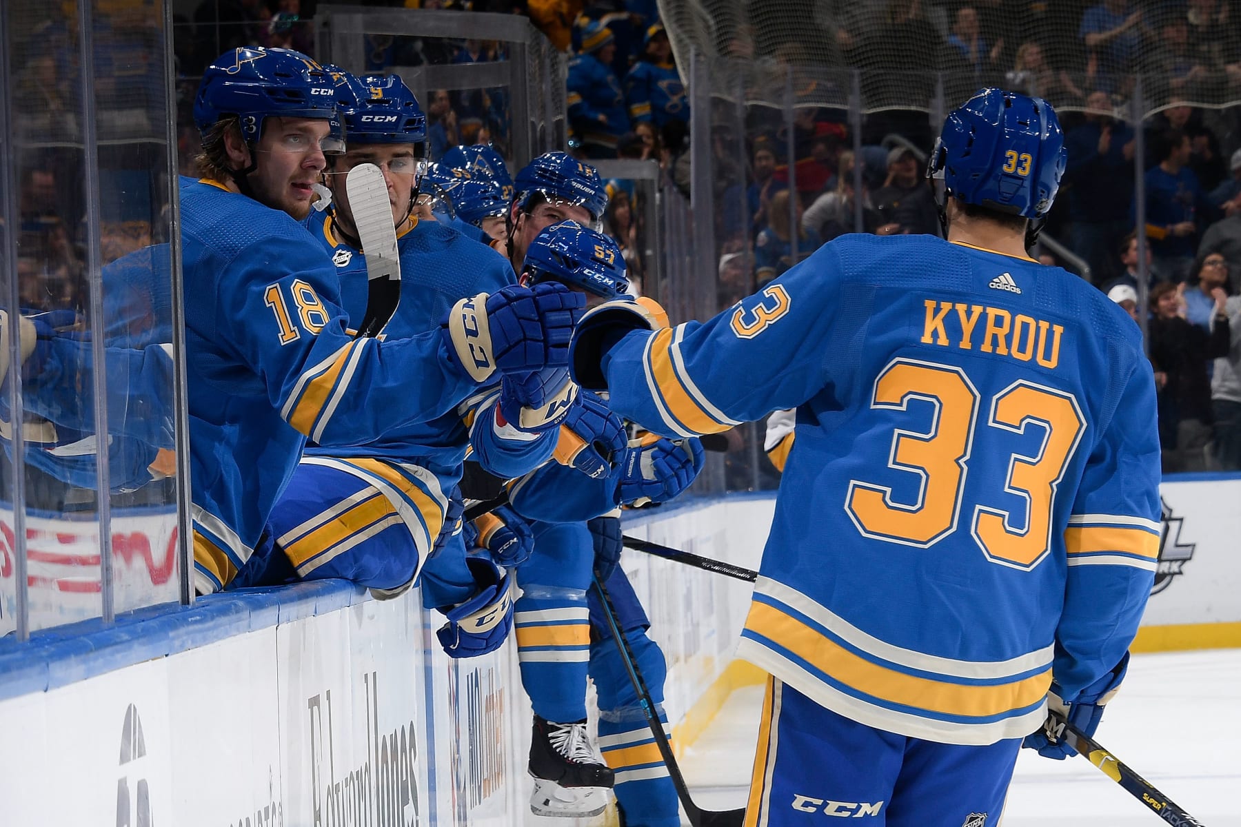 ST. LOUIS, MO - FEBRUARY 15: Jordan Kyrou #33 is congratulated by Robert Thomas #18 of the St. Louis Blues after scoring a goal against the Nashville Predators at Enterprise Center on February 15, 2020 in St. Louis, Missouri. (Photo by Scott Rovak/NHLI via Getty Images)