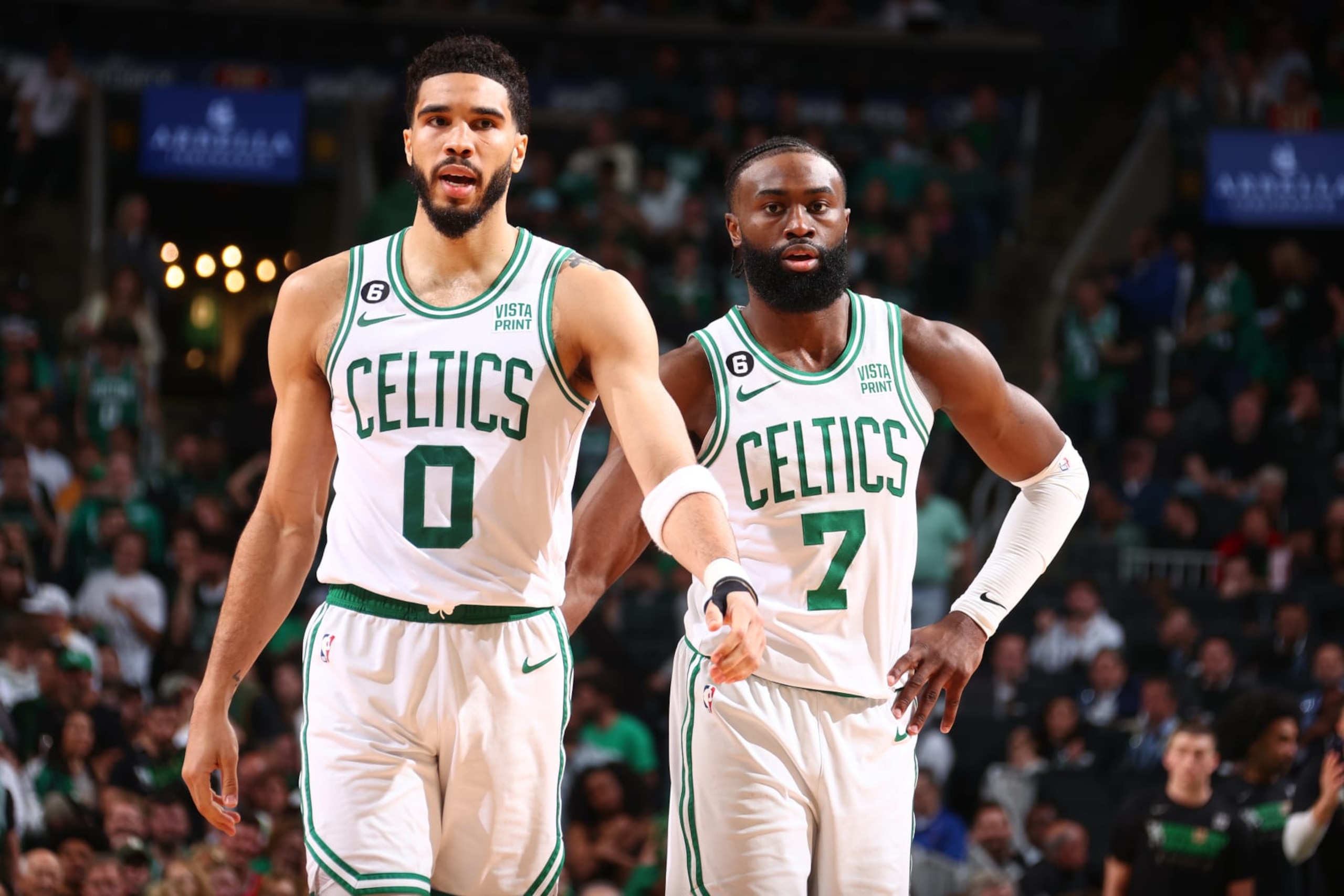 BOSTON, MA - MAY 19: Jayson Tatum #0 and Jaylen Brown #7 of the Boston Celtics look on during Game Two of the Eastern Conference Finals against the Miami Heat on May 19, 2023 at the TD Garden in Boston, Massachusetts. NOTE TO USER: User expressly acknowledges and agrees that, by downloading and or using this photograph, User is consenting to the terms and conditions of the Getty Images License Agreement. Mandatory Copyright Notice: Copyright 2023 NBAE  (Photo by Nathaniel S. Butler/NBAE via Getty Images)
