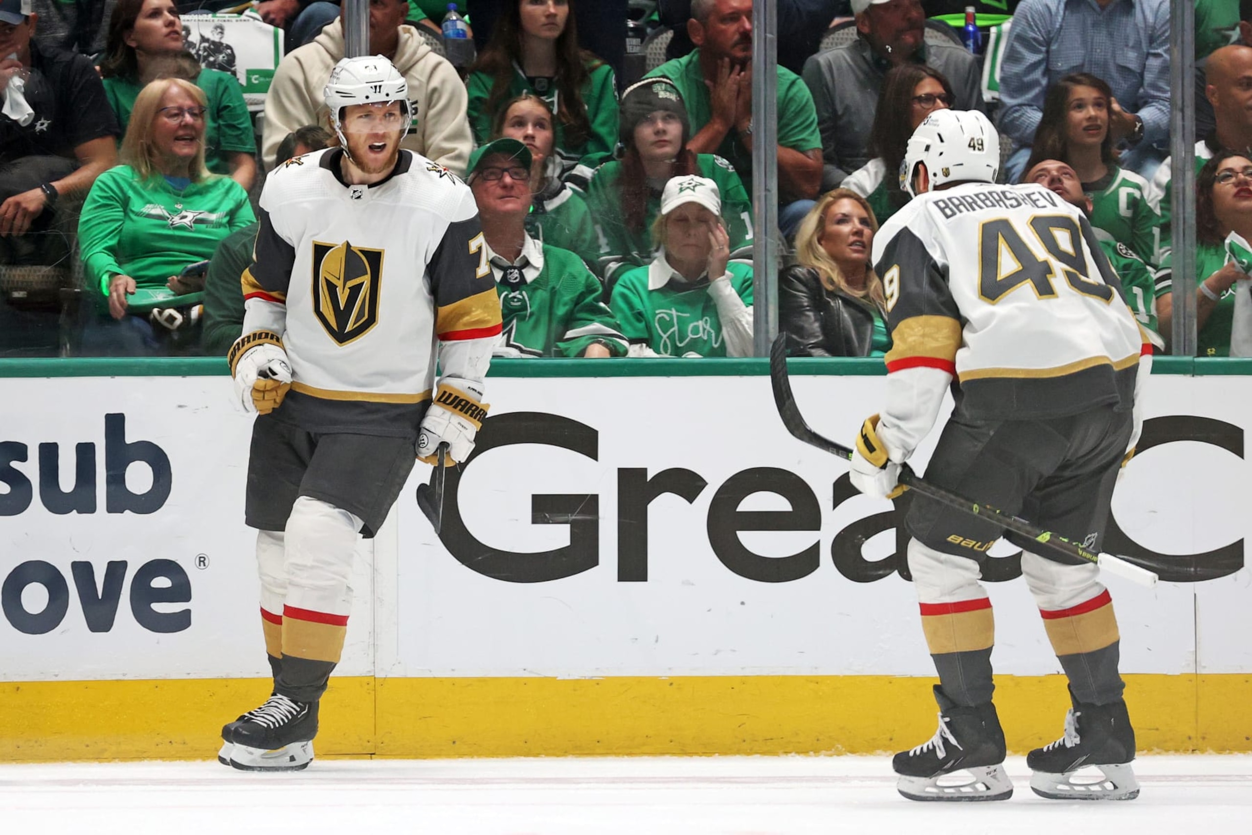 DALLAS, TEXAS - MAY 29: William Karlsson #71 of the Vegas Golden Knights celebrates with Ivan Barbashev #49 of the Vegas Golden Knights after scoring a goal during the first period against the Dallas Starsin Game Six of the Western Conference Final of the 2023 Stanley Cup Playoffs at American Airlines Center on May 29, 2023 in Dallas, Texas. (Photo by Steph Chambers/Getty Images)