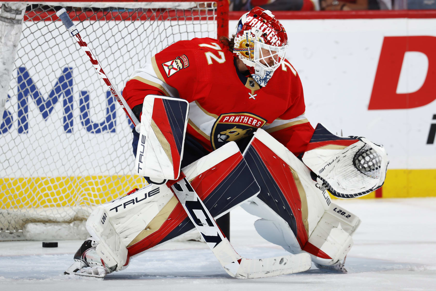 SUNRISE, FLORIDA - MAY 24: Goaltender Sergei Bobrovsky #72 of the Florida Panthers warms up in the net prior to the start of the game against the Carolina Hurricanes in Game Four of the Eastern Conference Final of the 2023 Stanley Cup Playoffs at the FLA Live Arena on May 24, 2023 in Sunrise, Florida. (Photo by Eliot J. Schechter/NHLI via Getty Images)