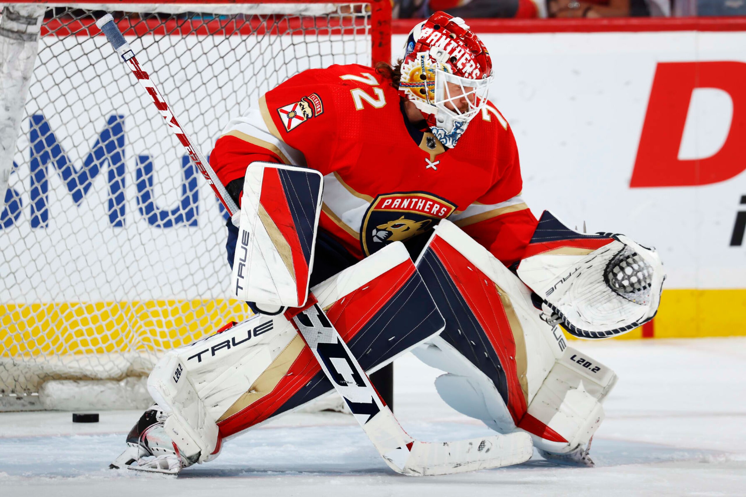 SUNRISE, FLORIDA - MAY 24: Goaltender Sergei Bobrovsky #72 of the Florida Panthers warms up in the net prior to the start of the game against the Carolina Hurricanes in Game Four of the Eastern Conference Final of the 2023 Stanley Cup Playoffs at the FLA Live Arena on May 24, 2023 in Sunrise, Florida. (Photo by Eliot J. Schechter/NHLI via Getty Images)